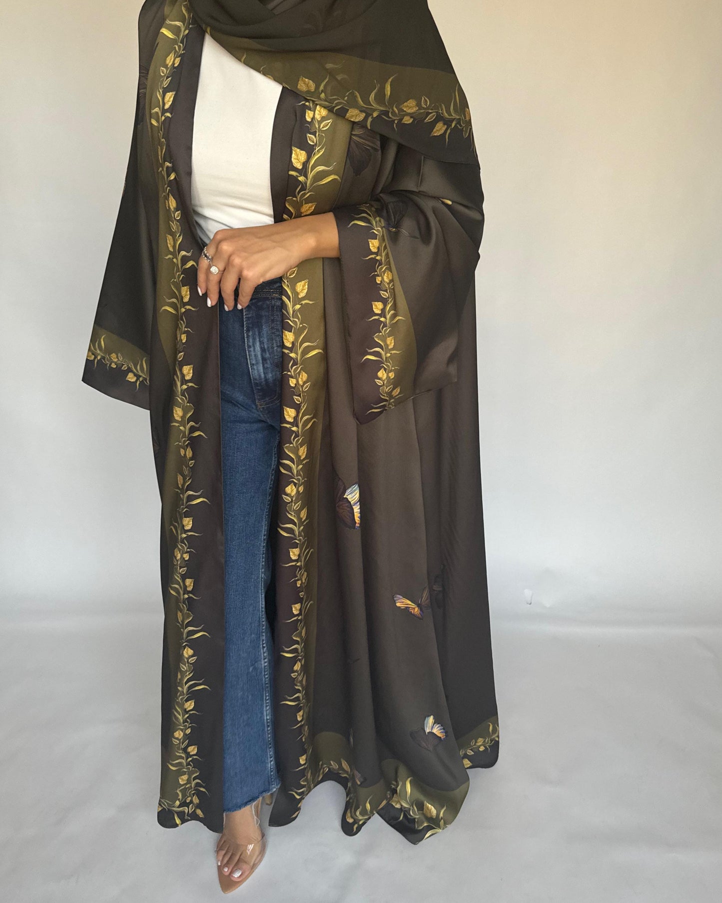 A310 - Olive Green Butterfly A-Cut Abaya