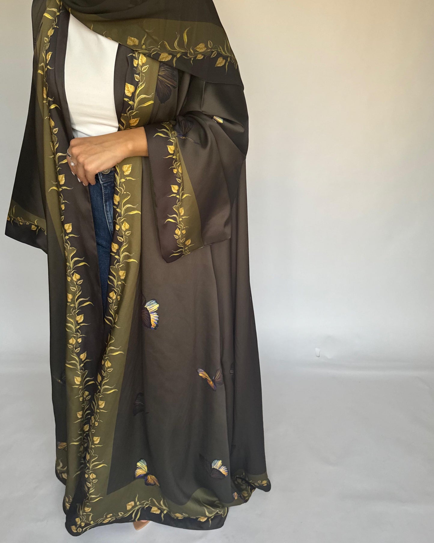 A310 - Olive Green Butterfly A-Cut Abaya