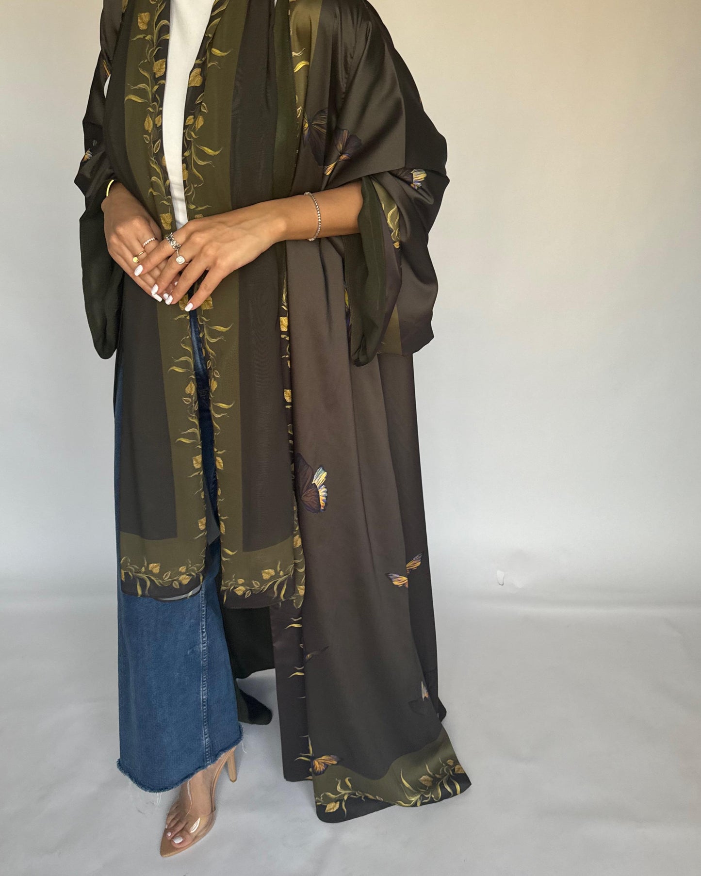 A310 - Olive Green Butterfly A-Cut Abaya