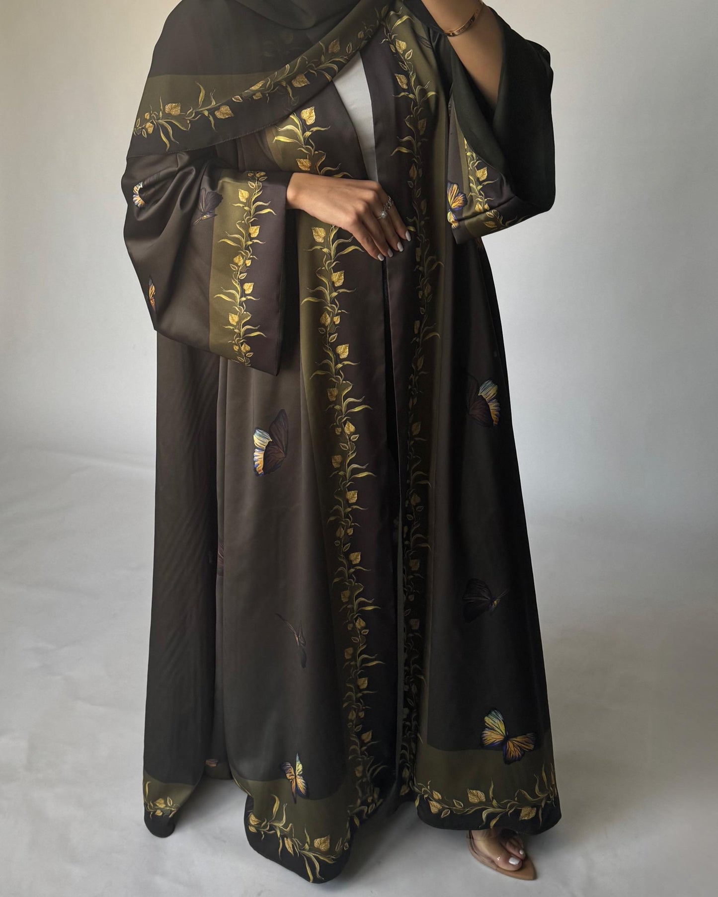 A310 - Olive Green Butterfly A-Cut Abaya