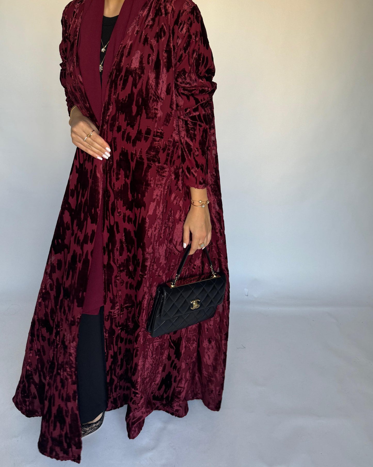 A316 - Maroon A-Cut Velvet Winter Abaya