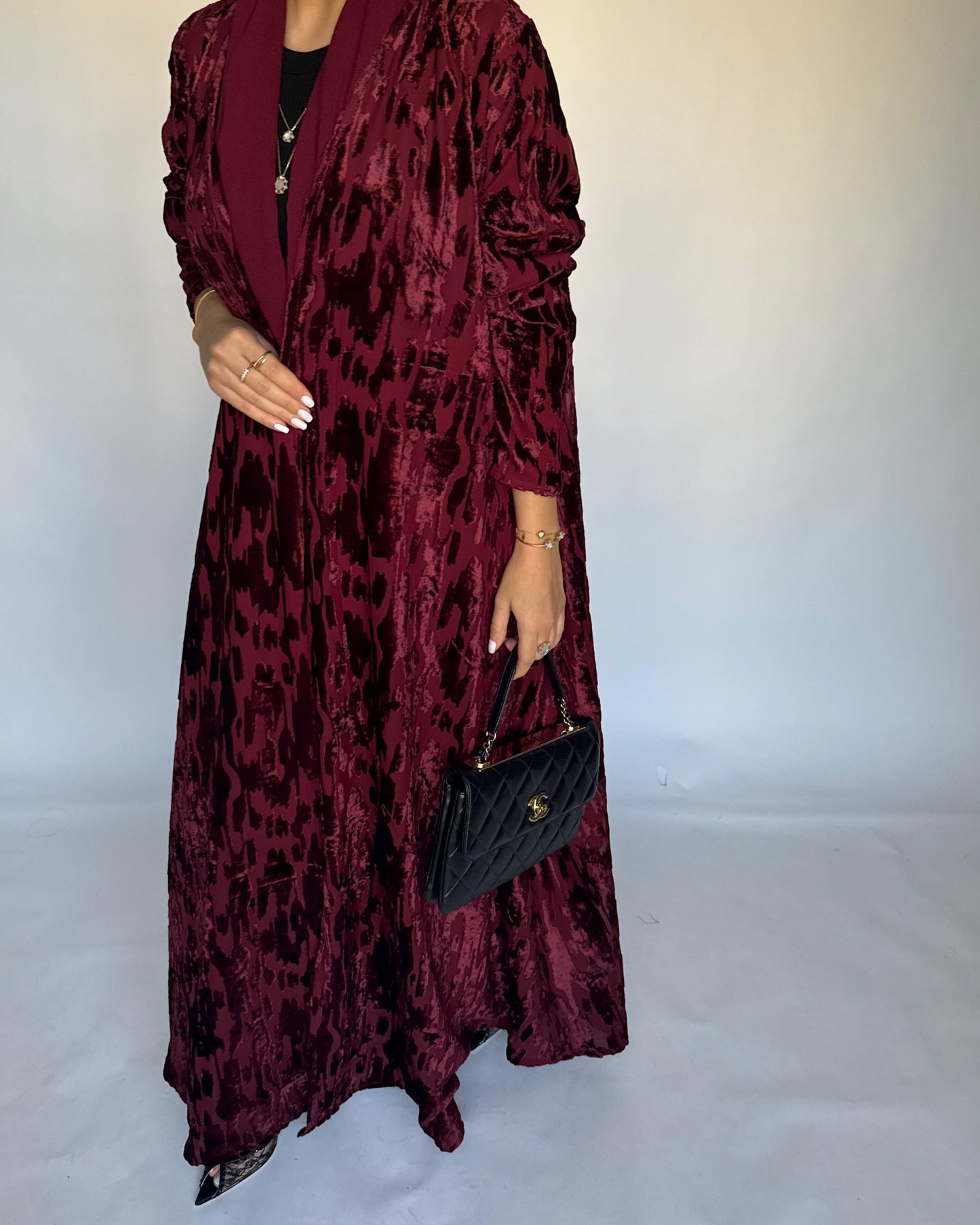 A316 - Maroon A-Cut Velvet Winter Abaya