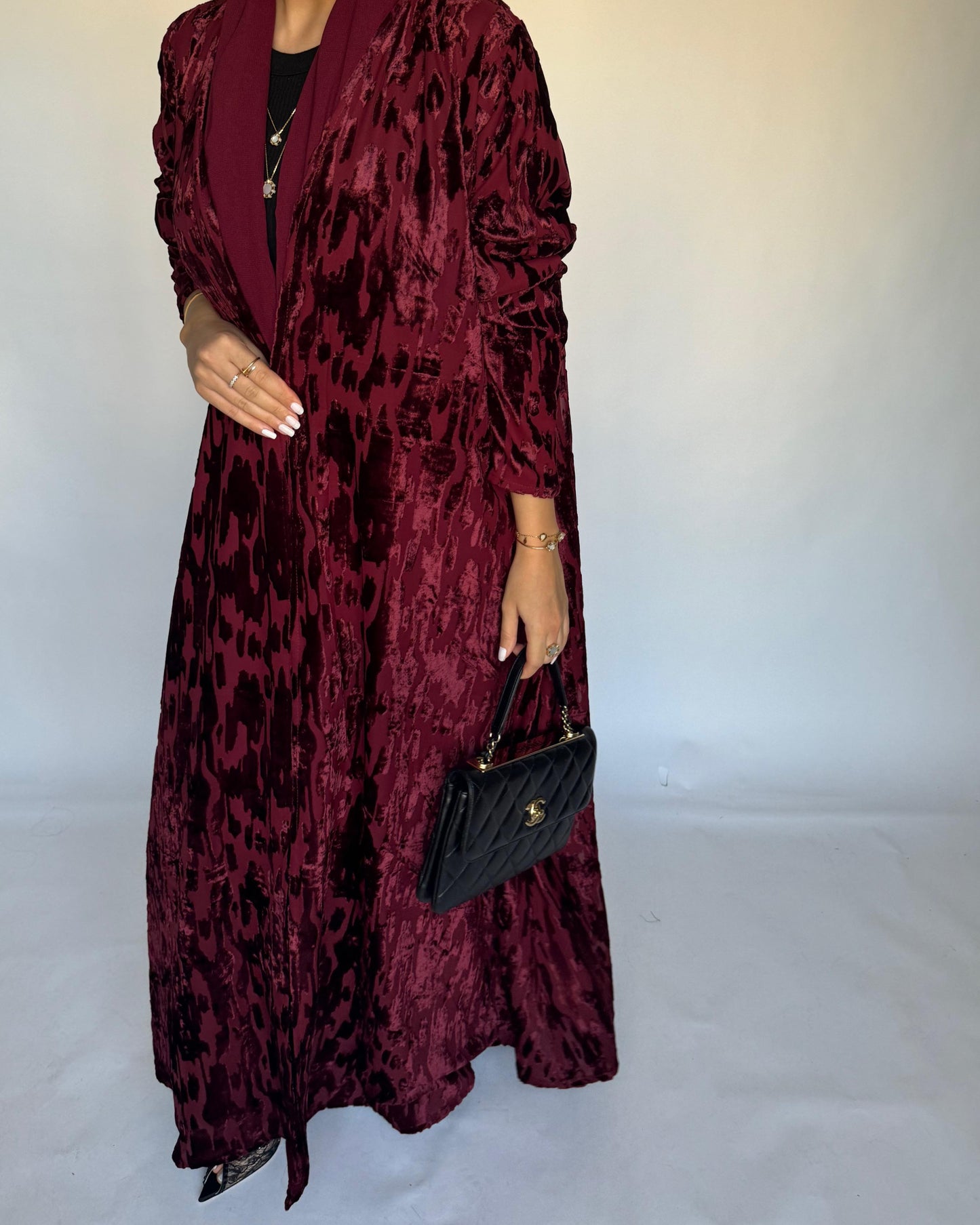 A316 - Maroon A-Cut Velvet Winter Abaya