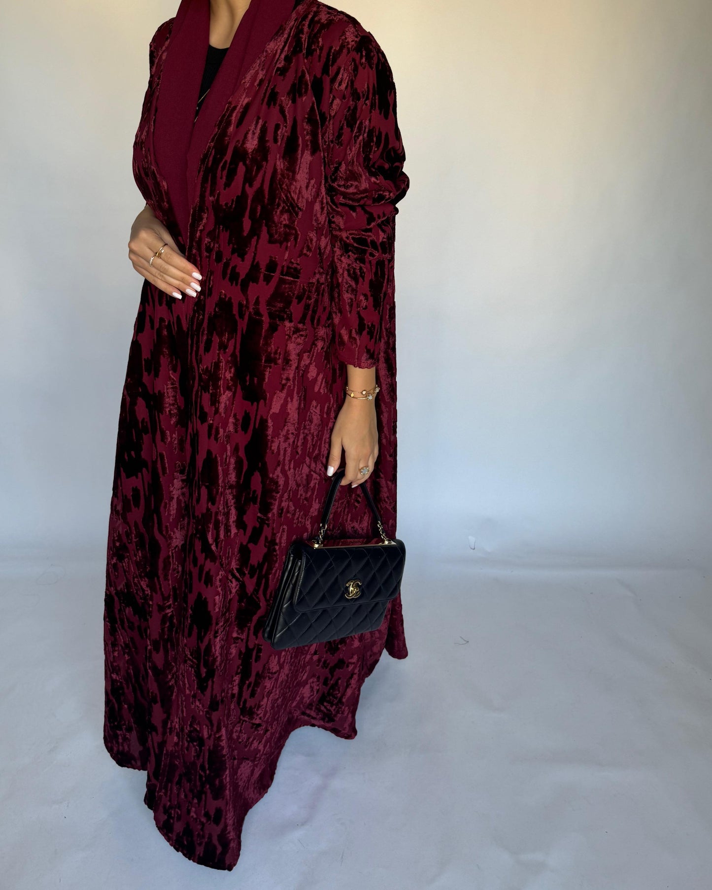 A316 - Maroon A-Cut Velvet Winter Abaya