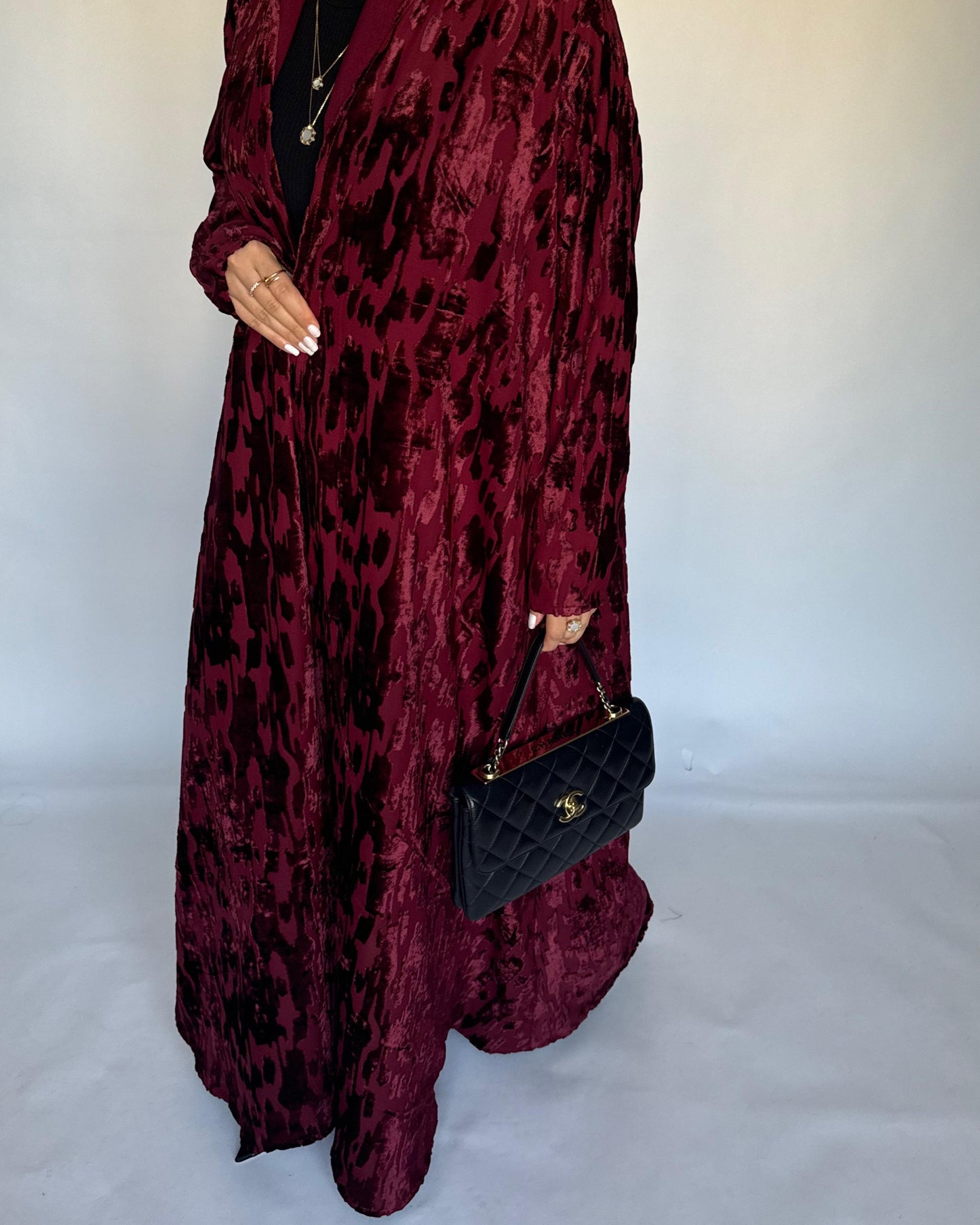 A316 - Maroon A-Cut Velvet Winter Abaya