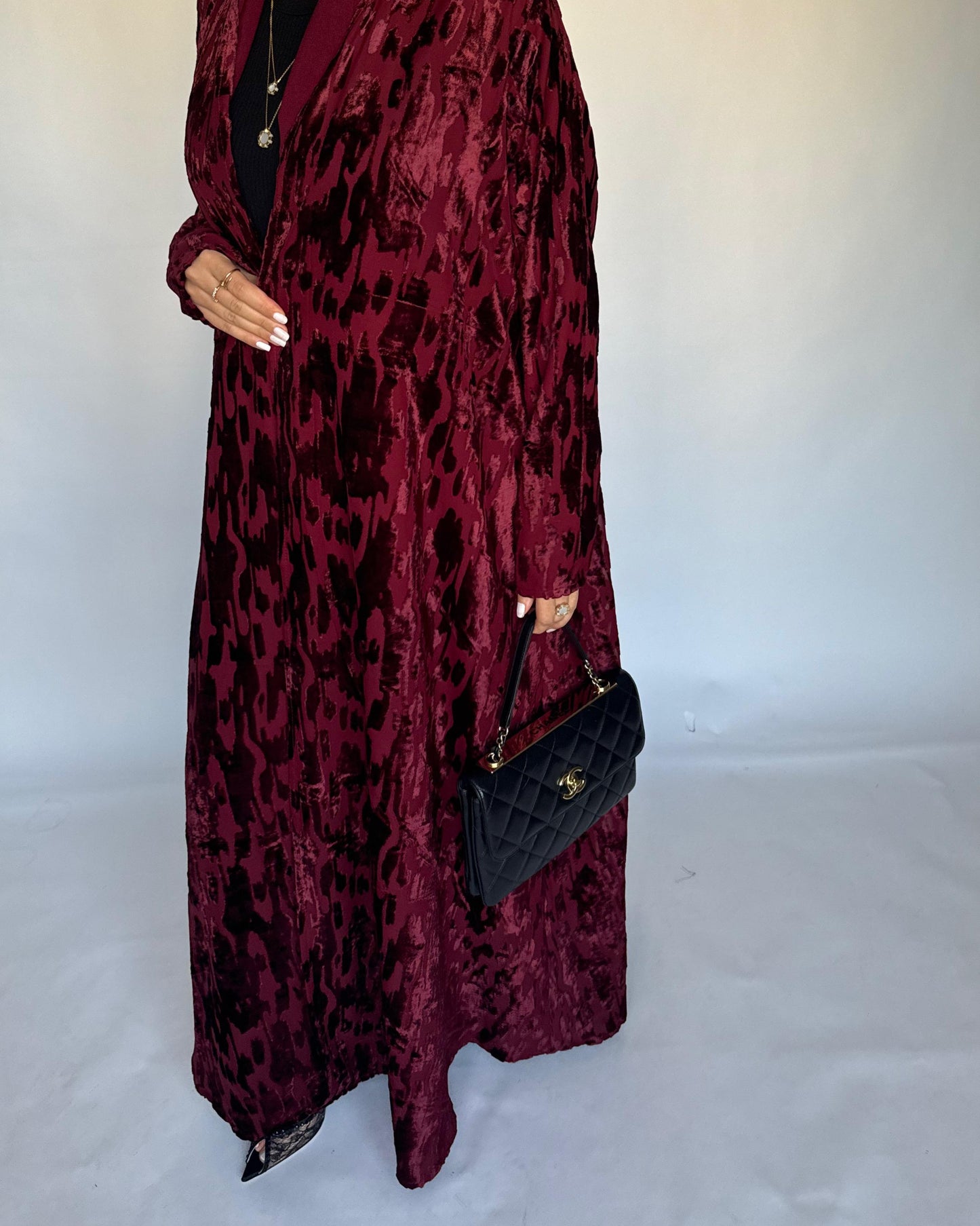 A316 - Maroon A-Cut Velvet Winter Abaya