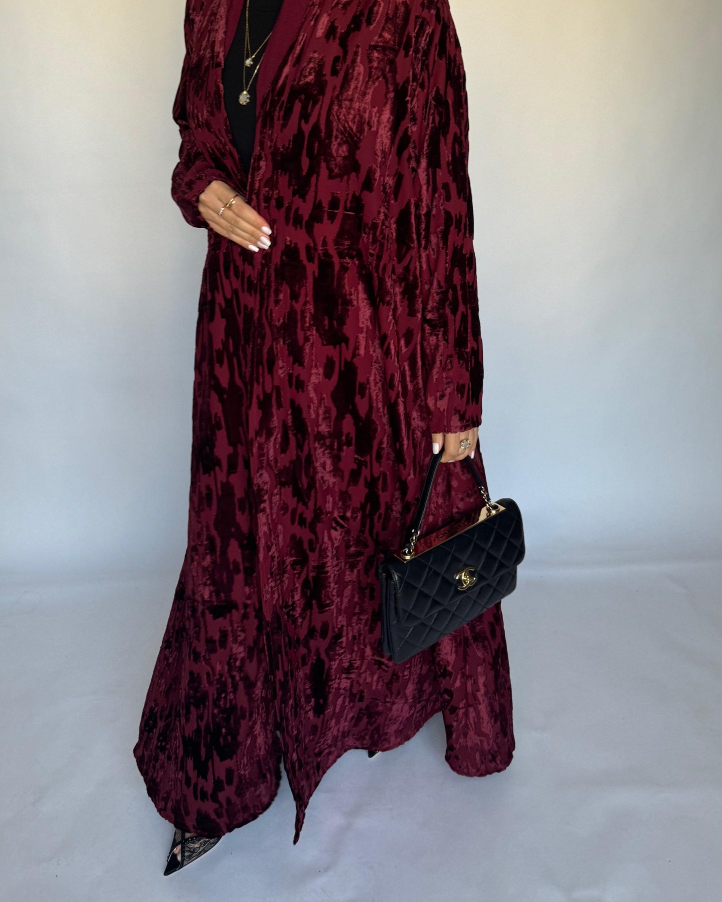 A316 - Maroon A-Cut Velvet Winter Abaya