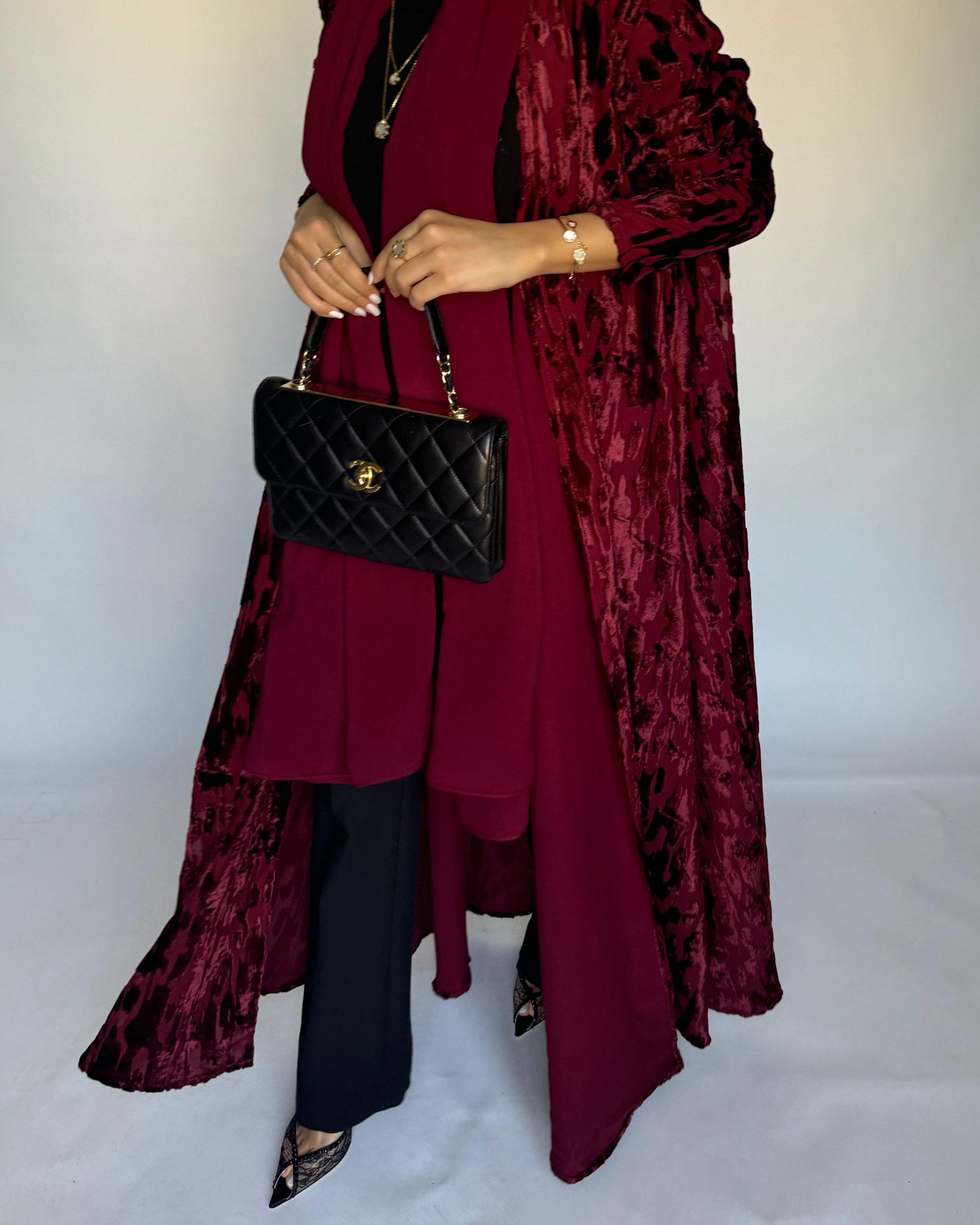 A316 - Maroon A-Cut Velvet Winter Abaya