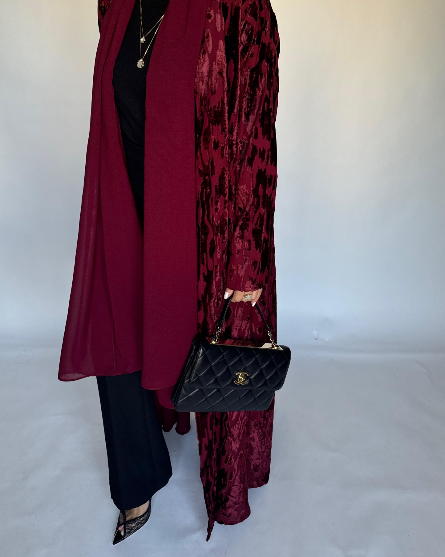 A316 - Maroon A-Cut Velvet Winter Abaya