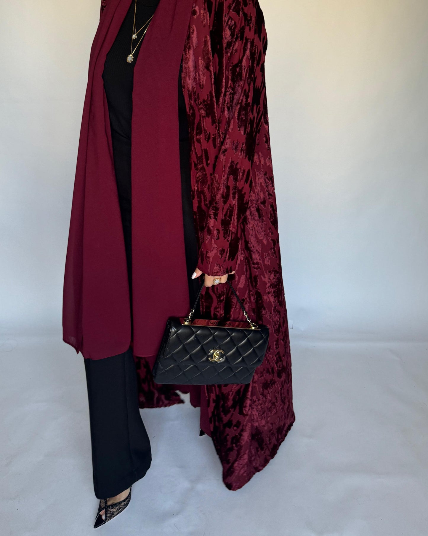 A316 - Maroon A-Cut Velvet Winter Abaya