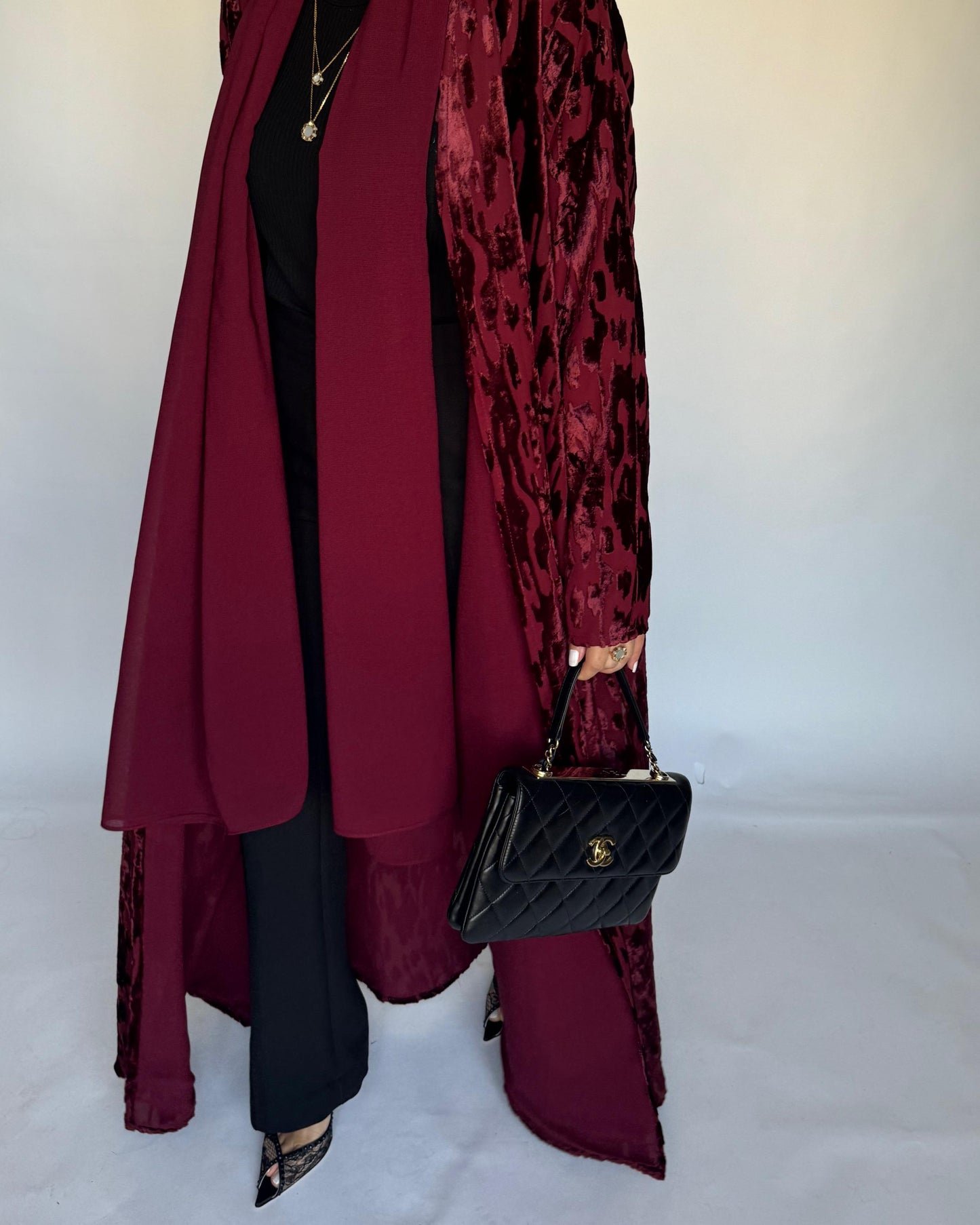 A316 - Maroon A-Cut Velvet Winter Abaya