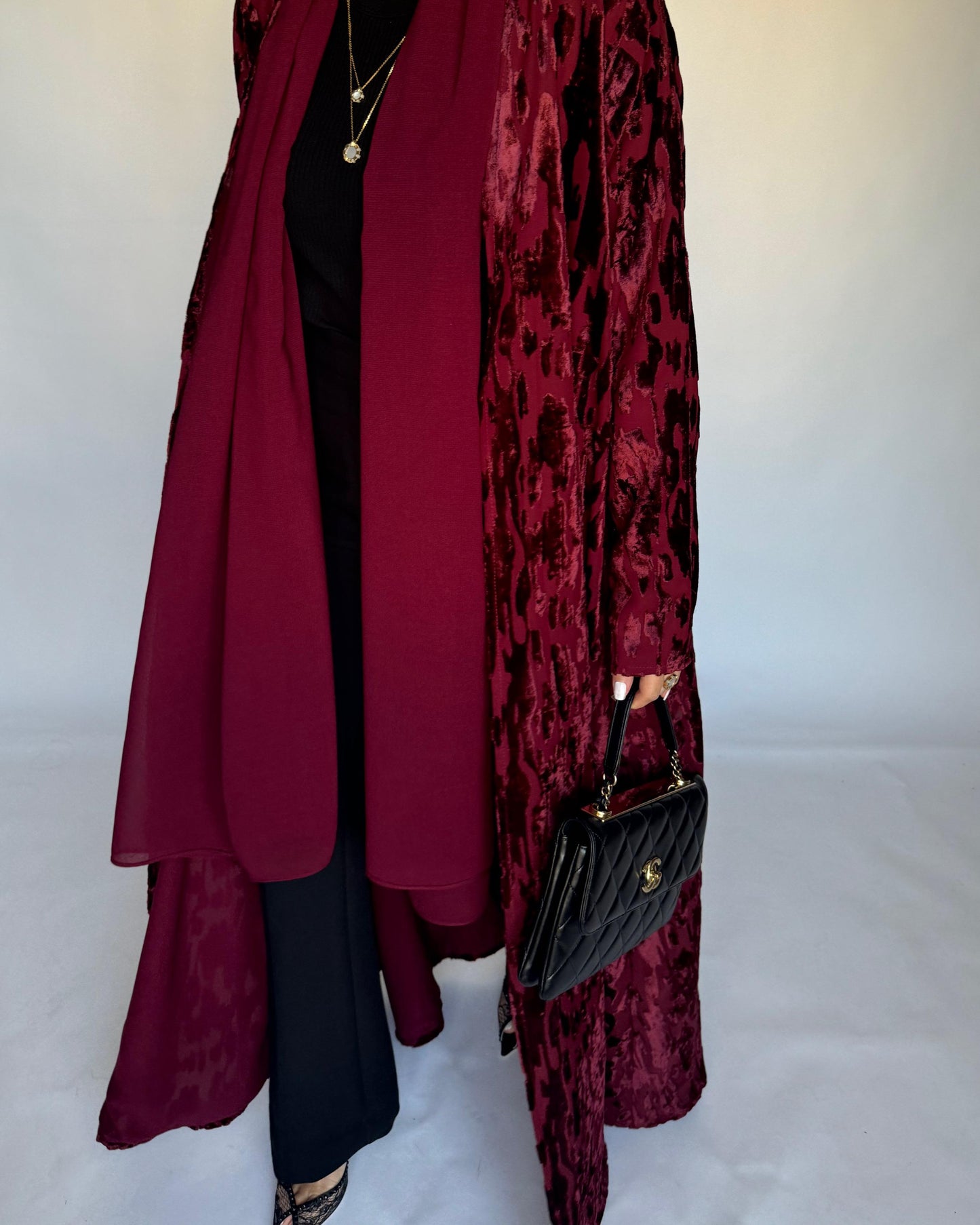 A316 - Maroon A-Cut Velvet Winter Abaya