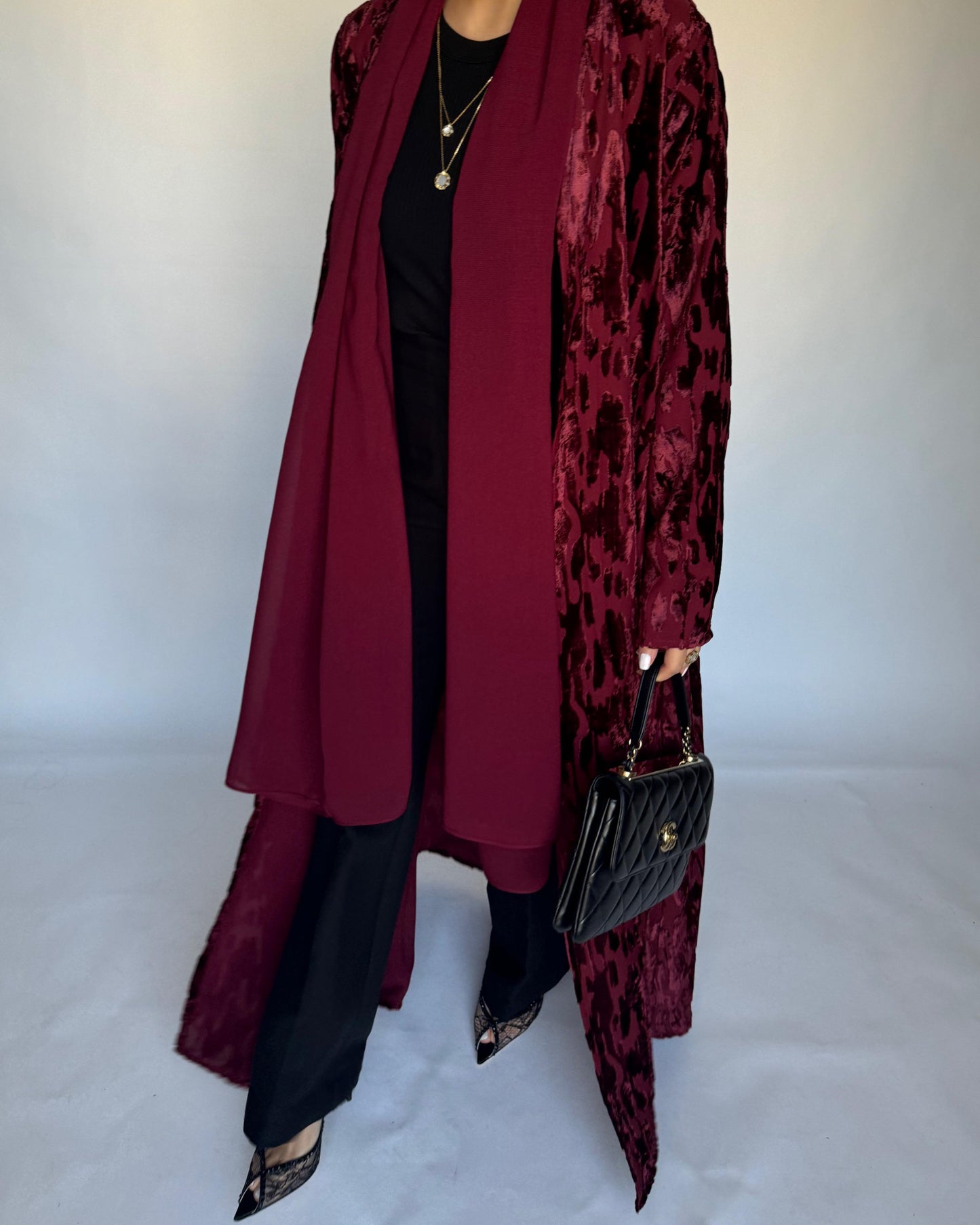 A316 - Maroon A-Cut Velvet Winter Abaya