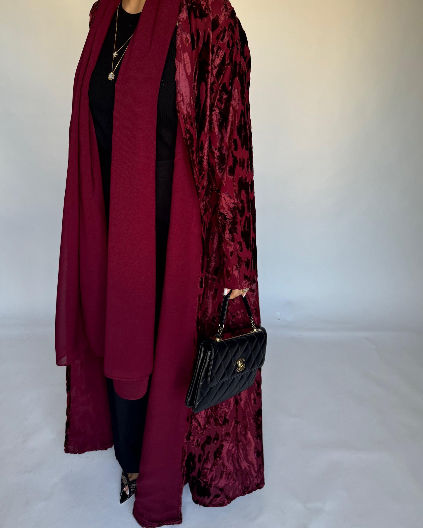 A316 - Maroon A-Cut Velvet Winter Abaya