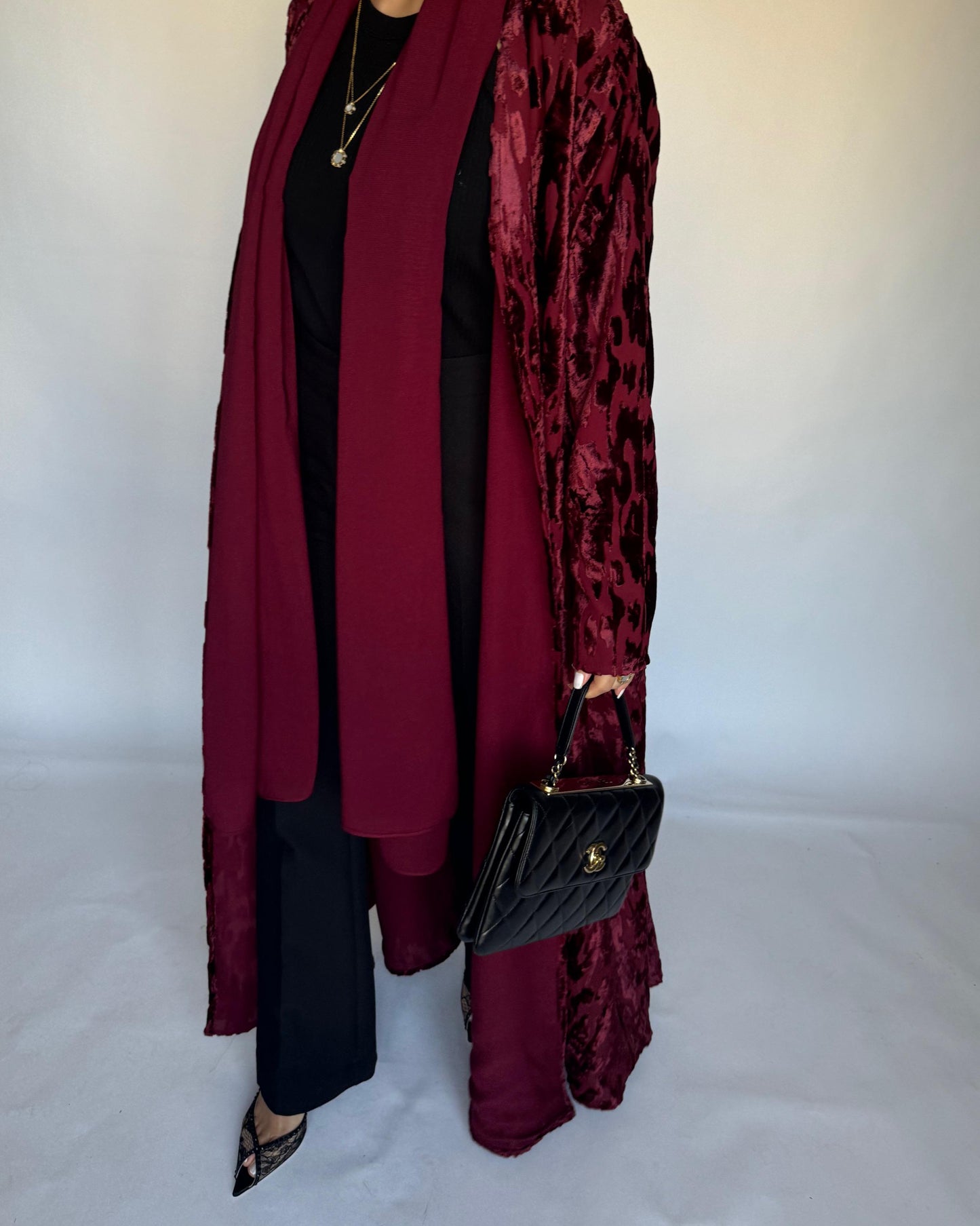 A316 - Maroon A-Cut Velvet Winter Abaya