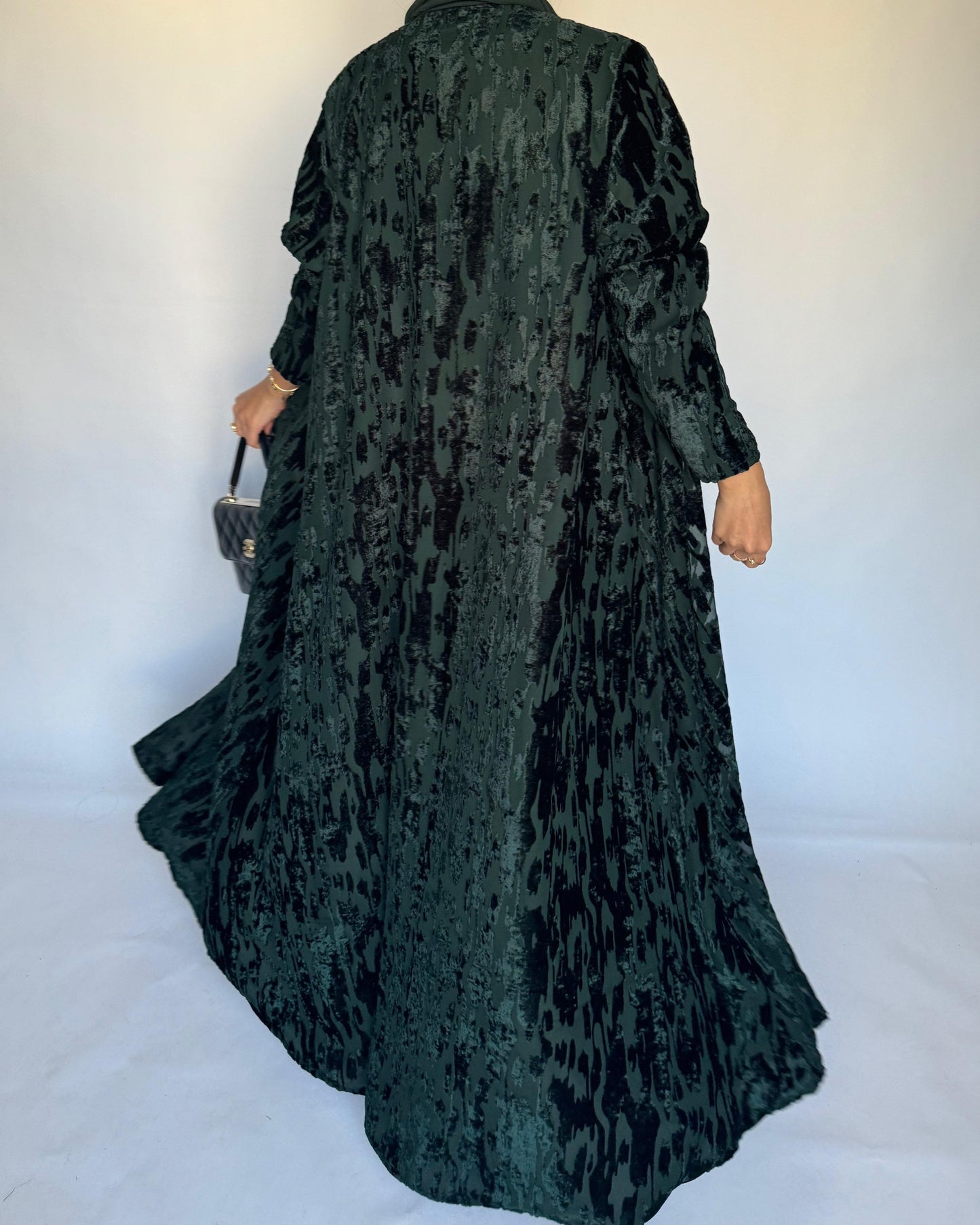 A315 - Forest Green A-Cut Velvet Winter Abaya