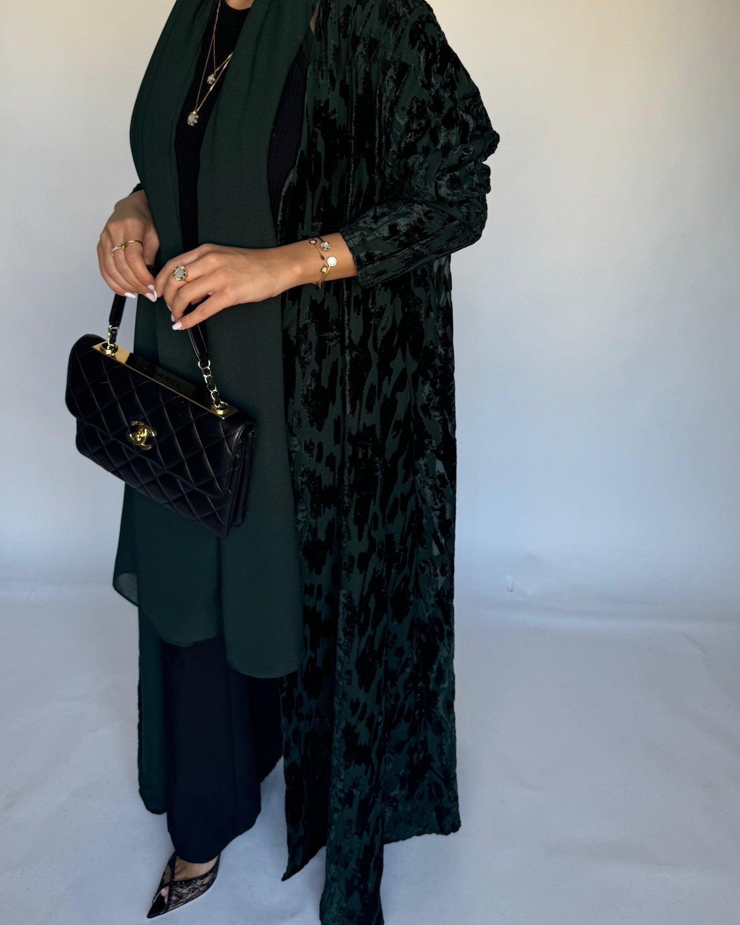 A315 - Forest Green A-Cut Velvet Winter Abaya