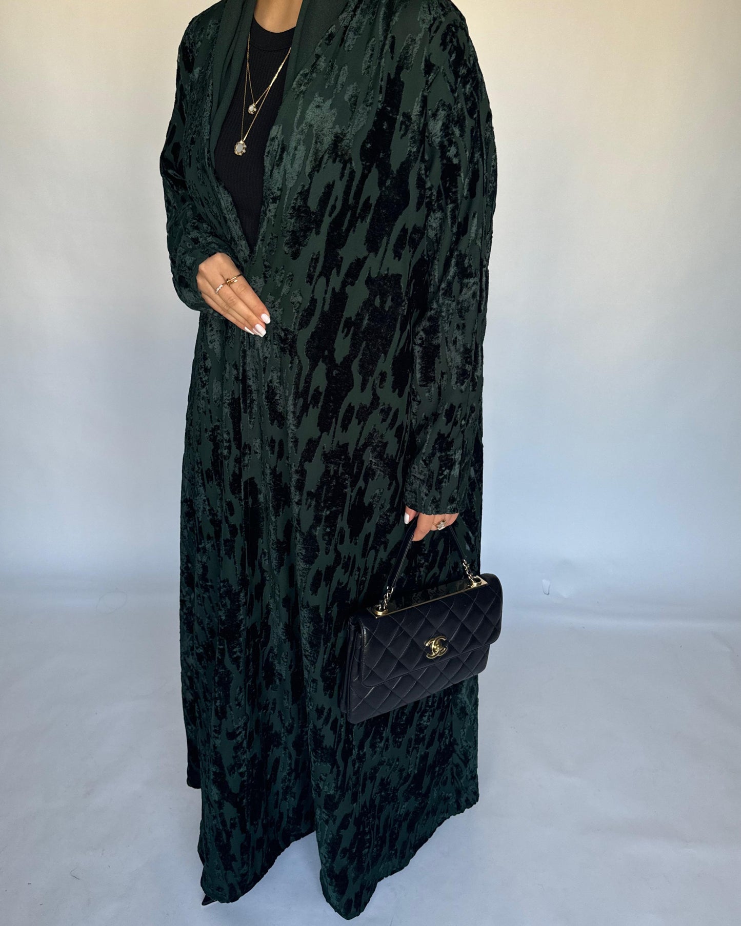 A315 - Forest Green A-Cut Velvet Winter Abaya