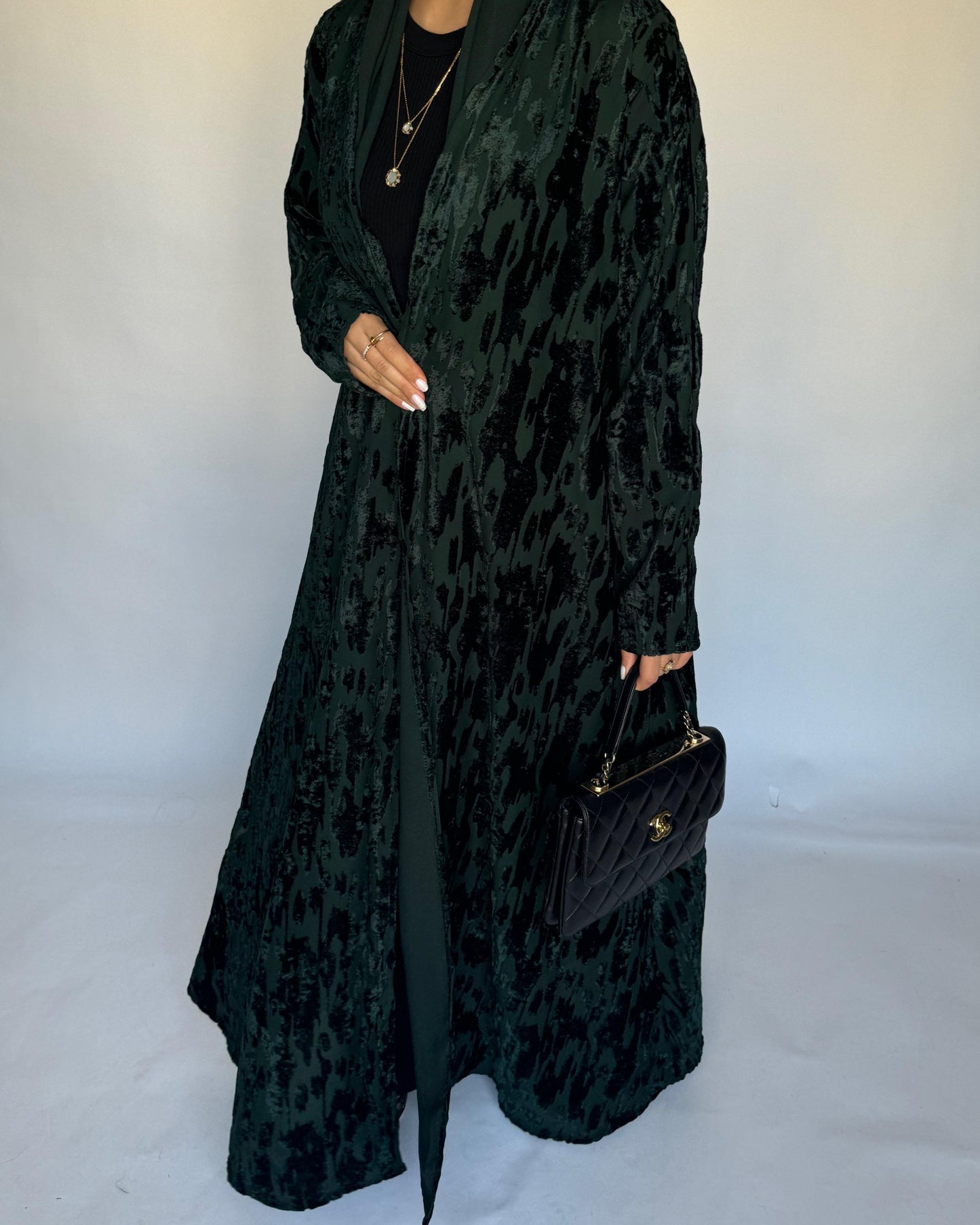 A315 - Forest Green A-Cut Velvet Winter Abaya