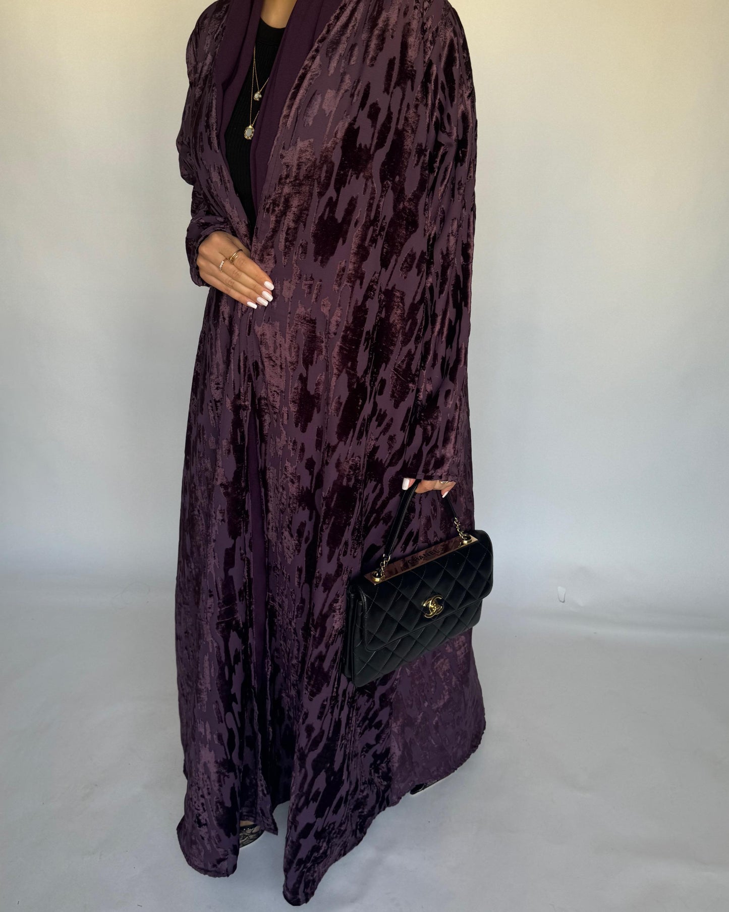 A313 - Purple A-Cut Velvet Winter Abaya