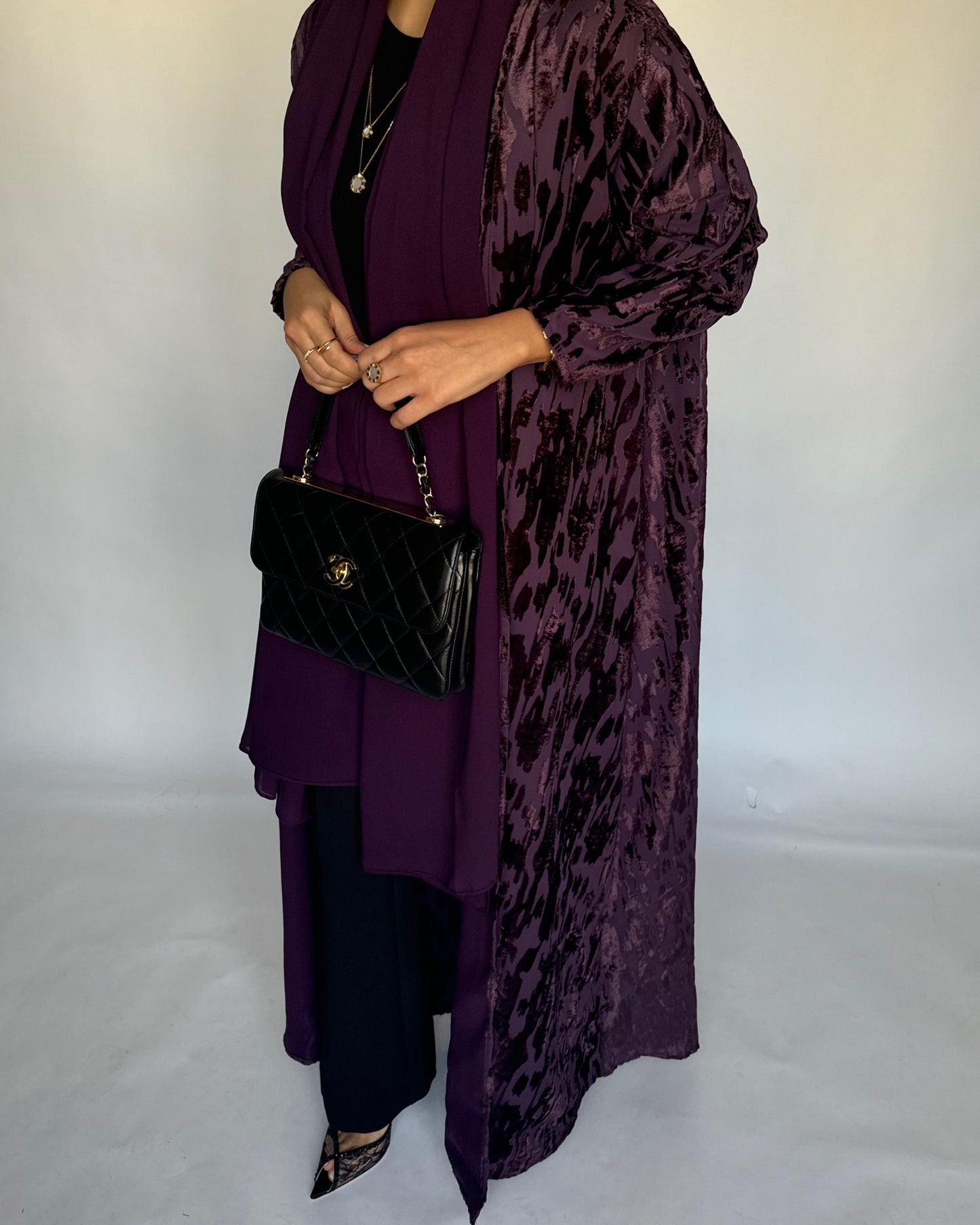 A313 - Purple A-Cut Velvet Winter Abaya