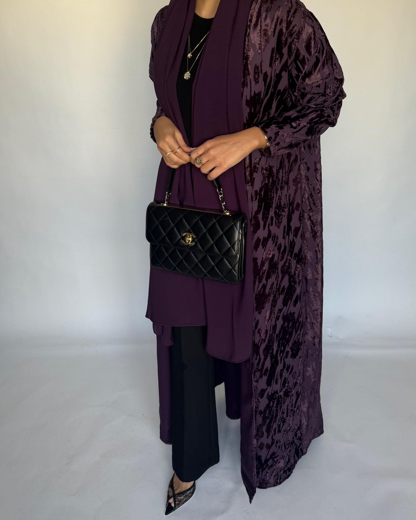 A313 - Purple A-Cut Velvet Winter Abaya