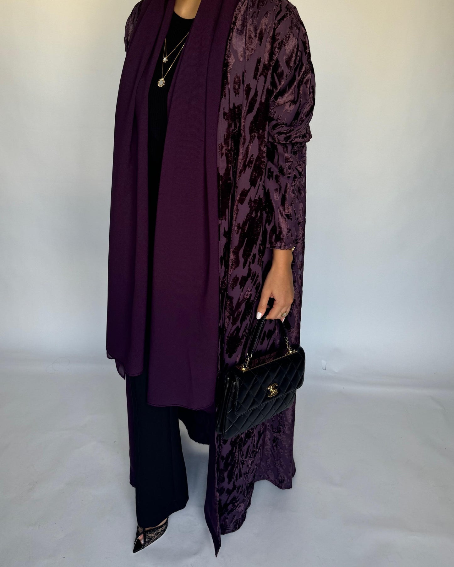 A313 - Purple A-Cut Velvet Winter Abaya