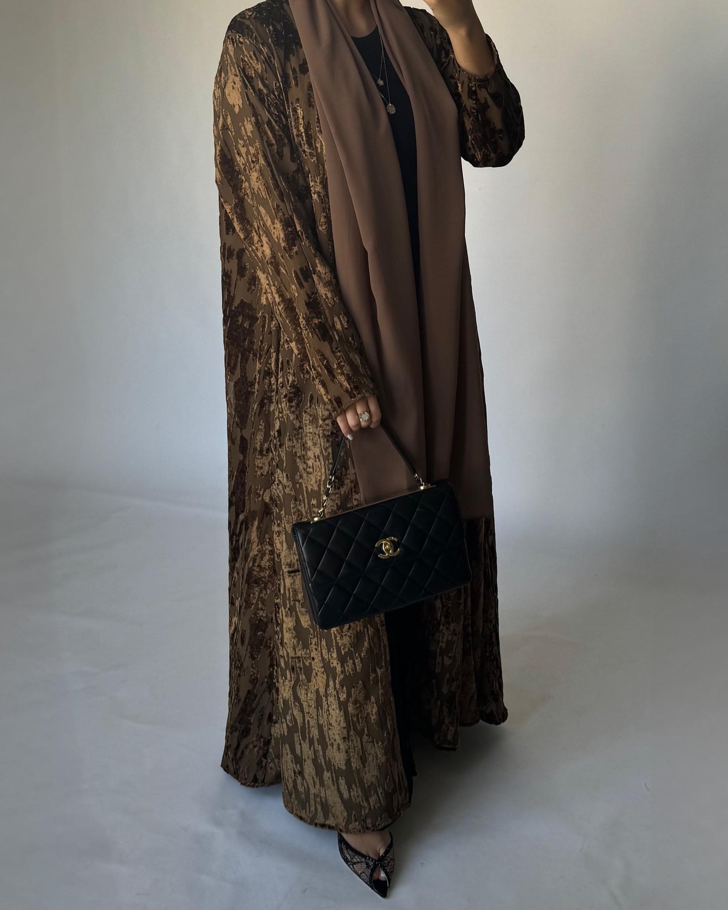 A314 - Brown-ish Gold A-Cut Velvet Winter Abaya