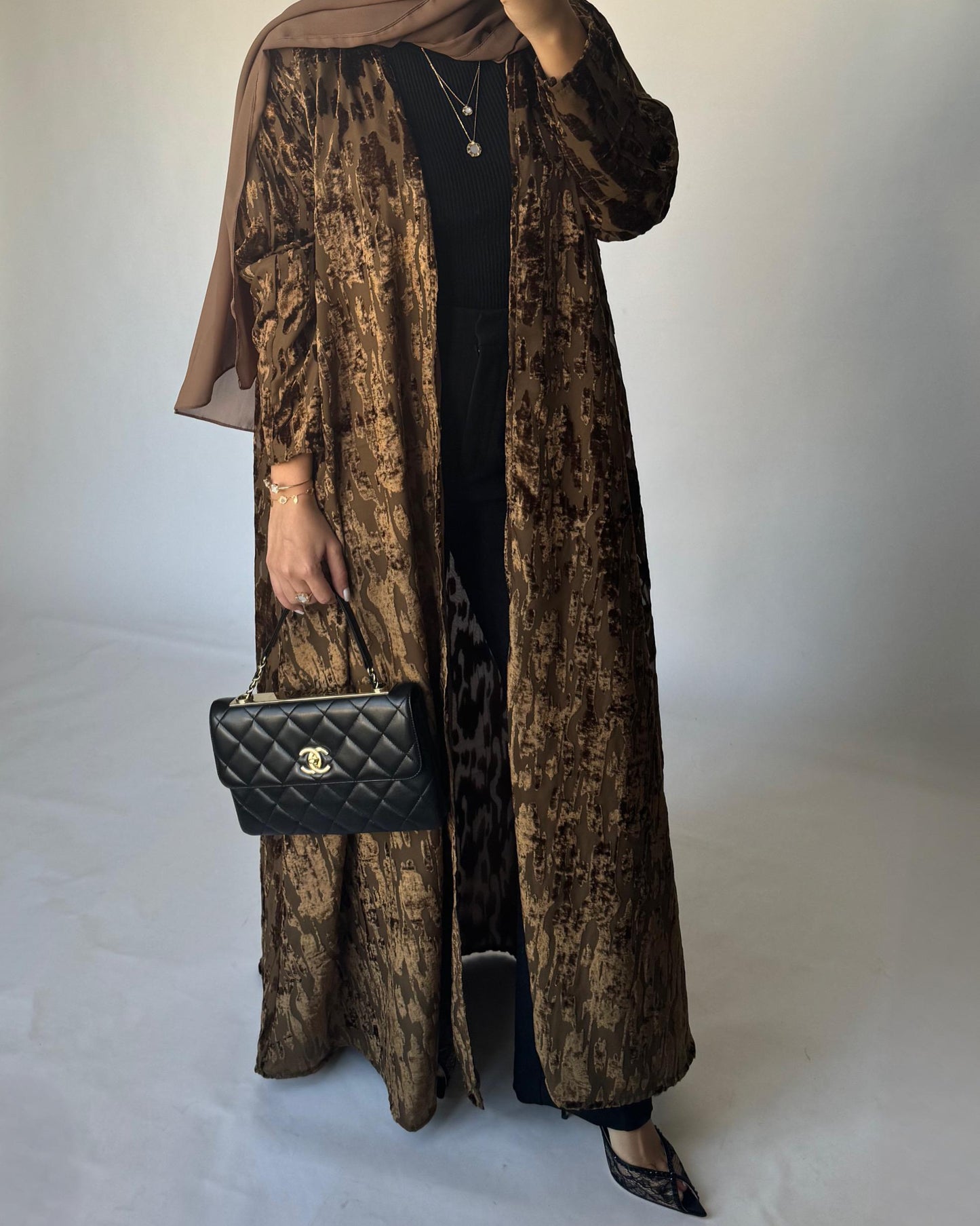 A314 - Brown-ish Gold A-Cut Velvet Winter Abaya