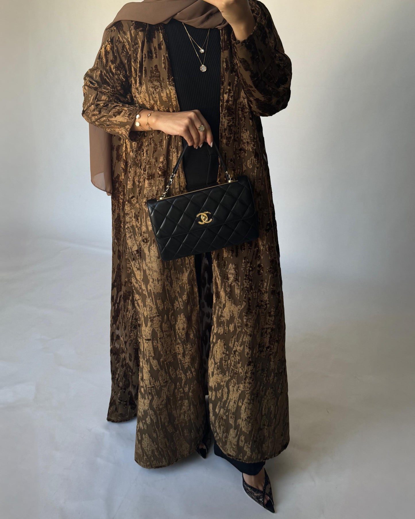 A314 - Brown-ish Gold A-Cut Velvet Winter Abaya