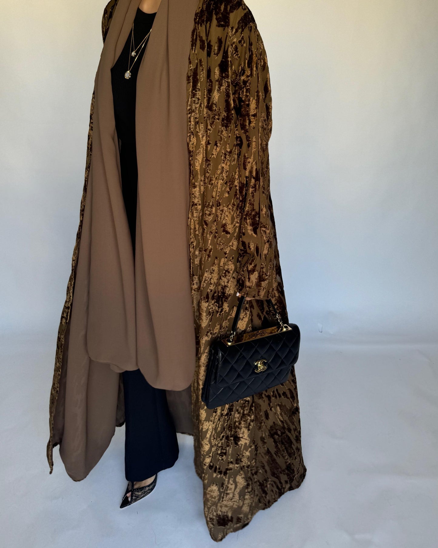 A314 - Brown-ish Gold A-Cut Velvet Winter Abaya