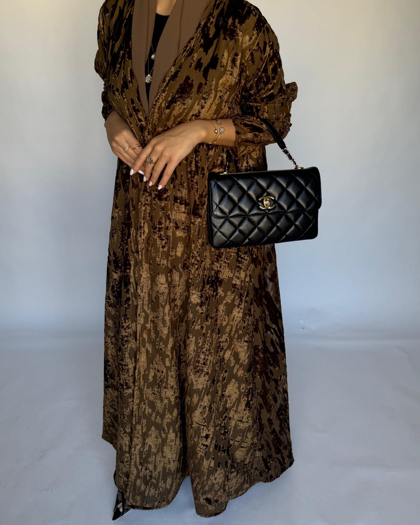 A314 - Brown-ish Gold A-Cut Velvet Winter Abaya