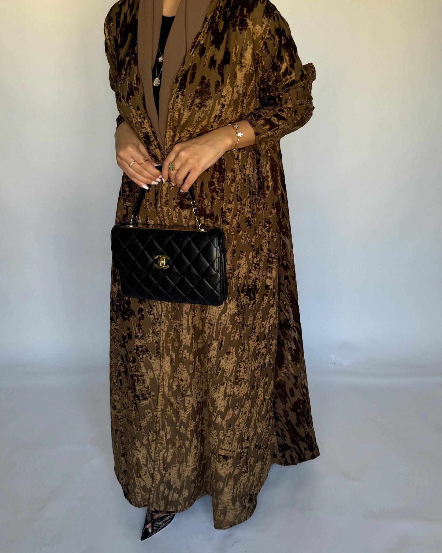 A314 - Brown-ish Gold A-Cut Velvet Winter Abaya