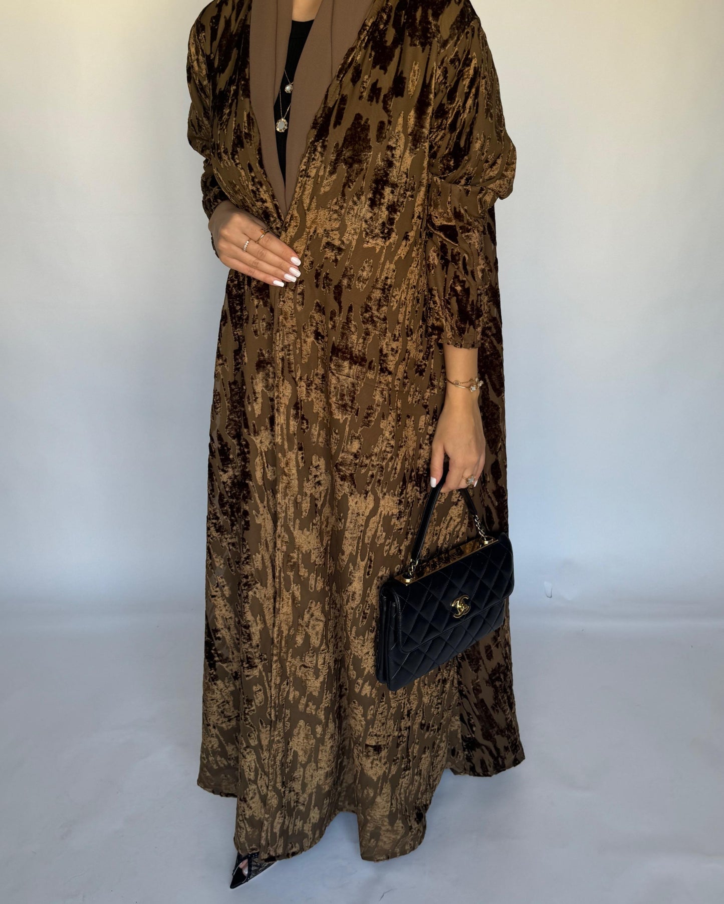 A314 - Brown-ish Gold A-Cut Velvet Winter Abaya