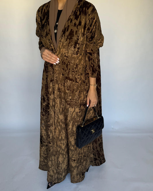 A314 - Brown-ish Gold A-Cut Velvet Winter Abaya