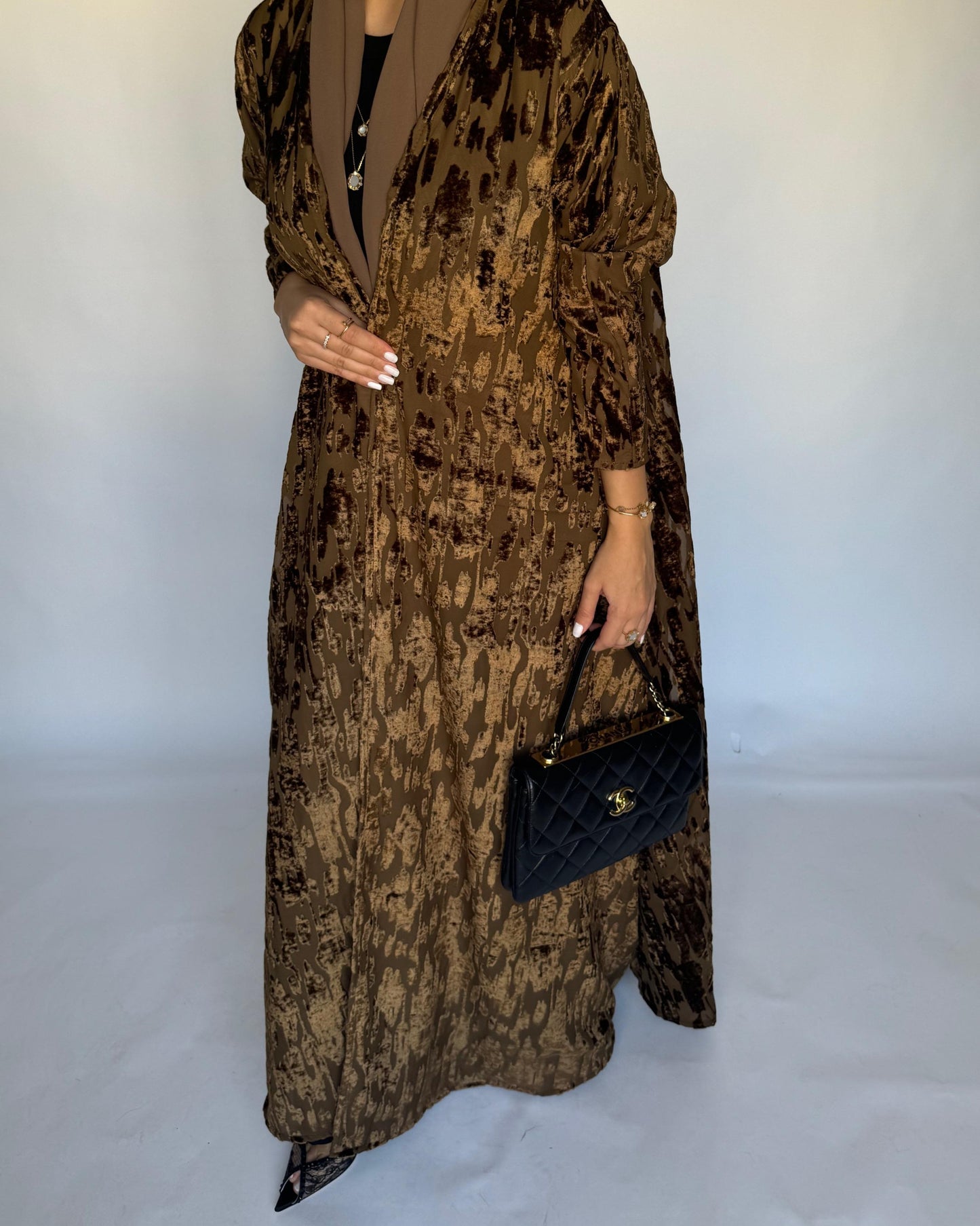 A314 - Brown-ish Gold A-Cut Velvet Winter Abaya