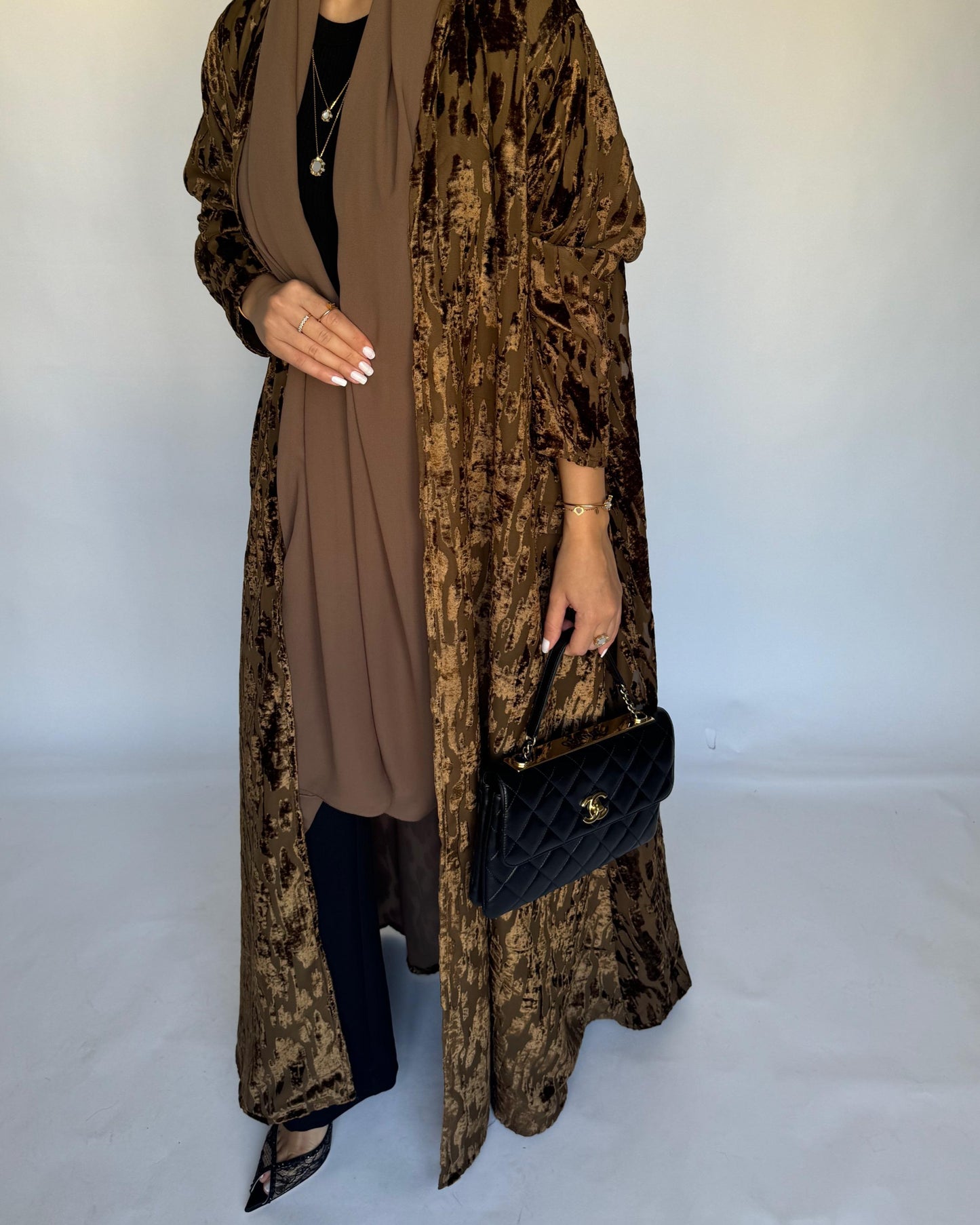 A314 - Brown-ish Gold A-Cut Velvet Winter Abaya