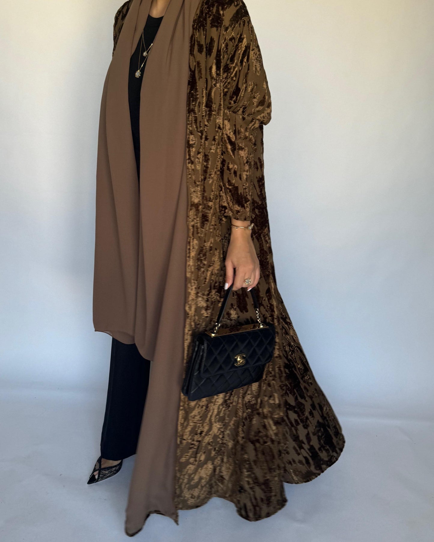 A314 - Brown-ish Gold A-Cut Velvet Winter Abaya