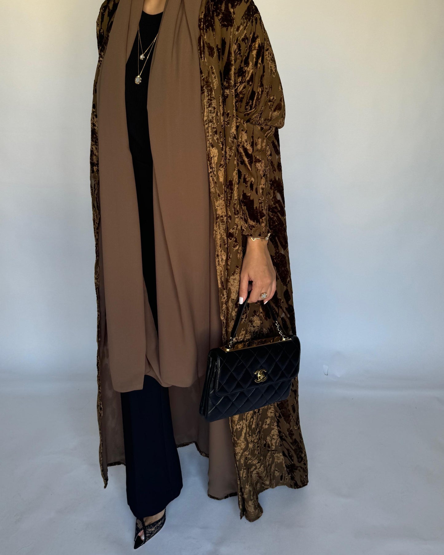 A314 - Brown-ish Gold A-Cut Velvet Winter Abaya