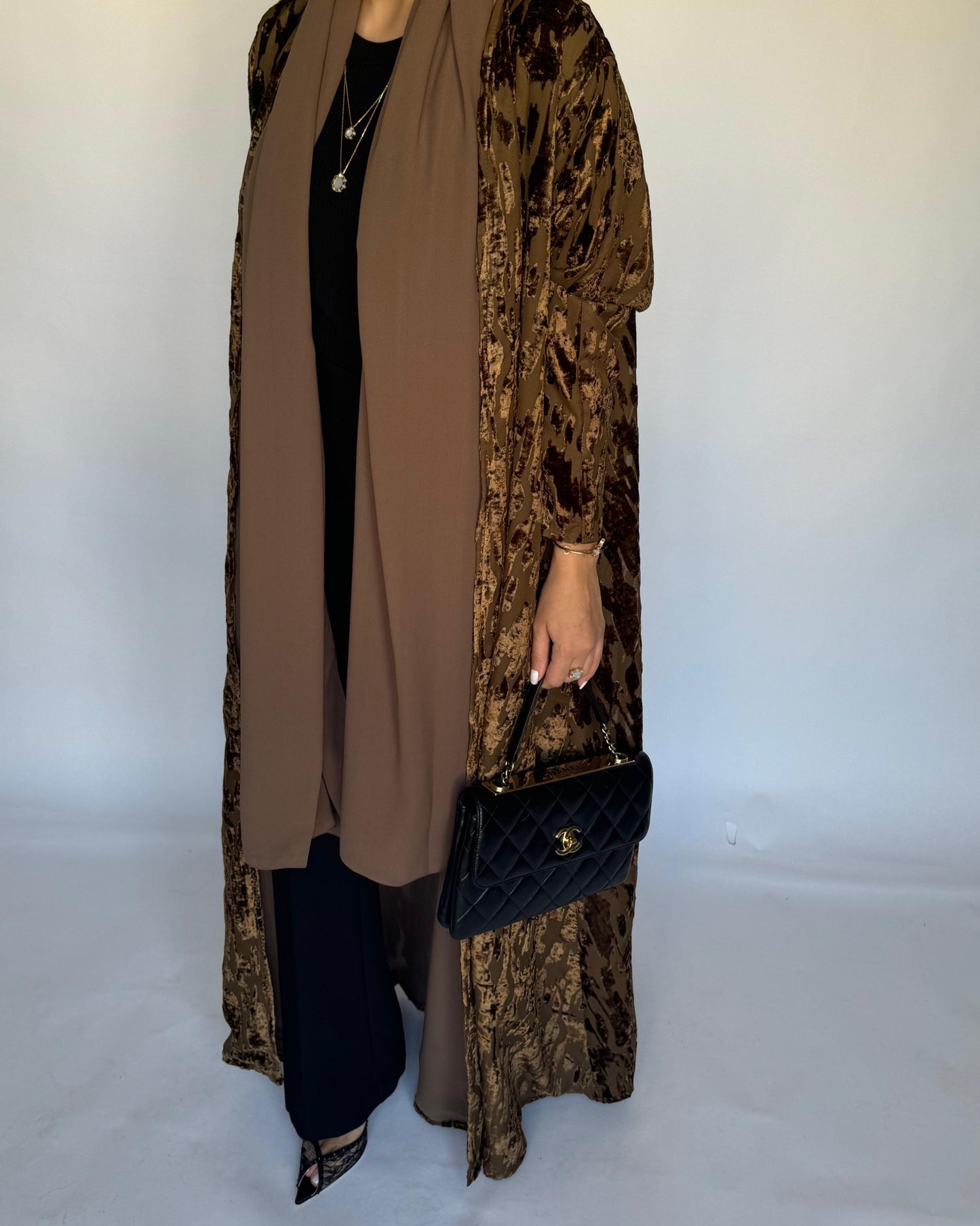 A314 - Brown-ish Gold A-Cut Velvet Winter Abaya