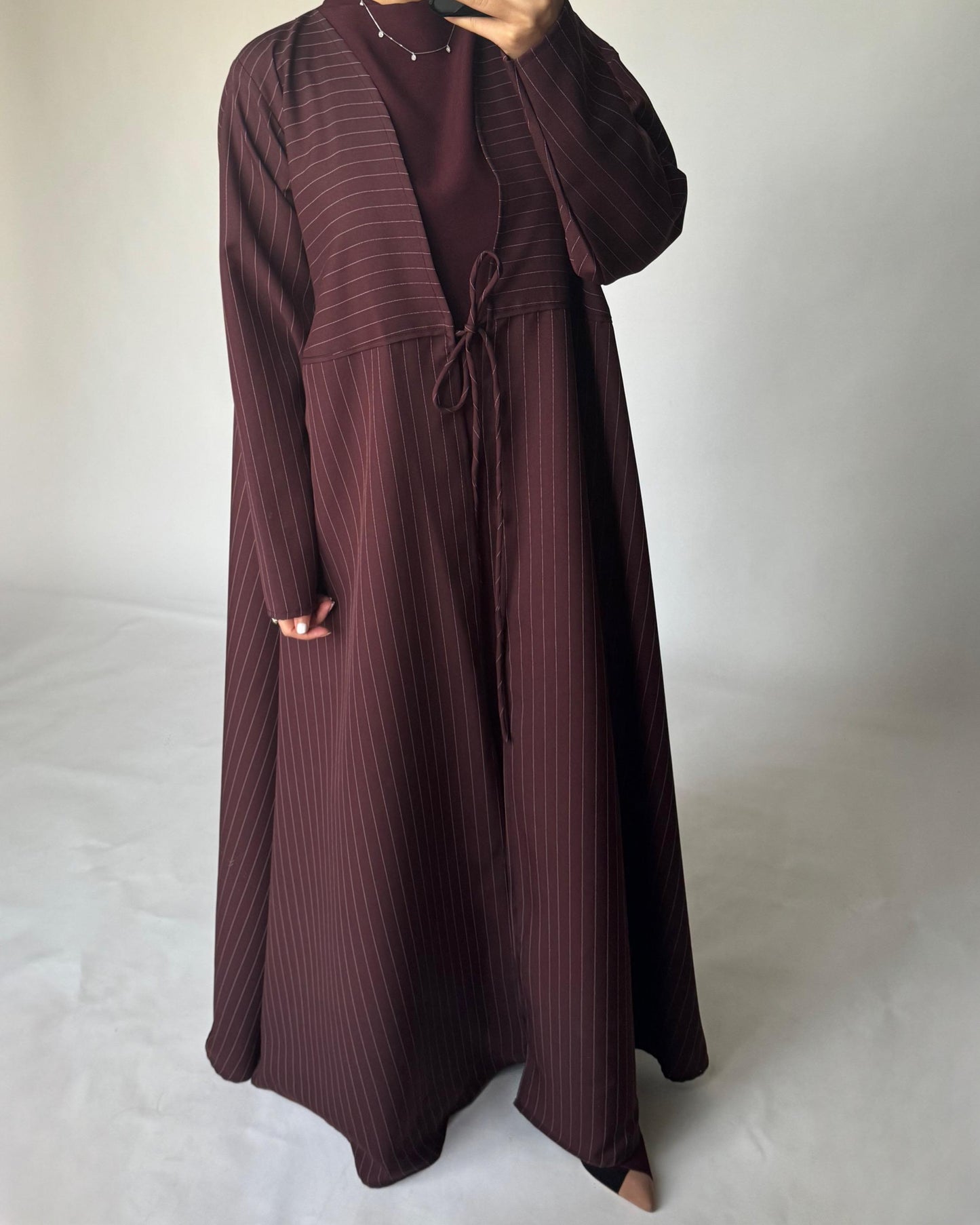 A320 - Striped Burgundy / Maroon Daily Abaya, Dress & Head Scarf