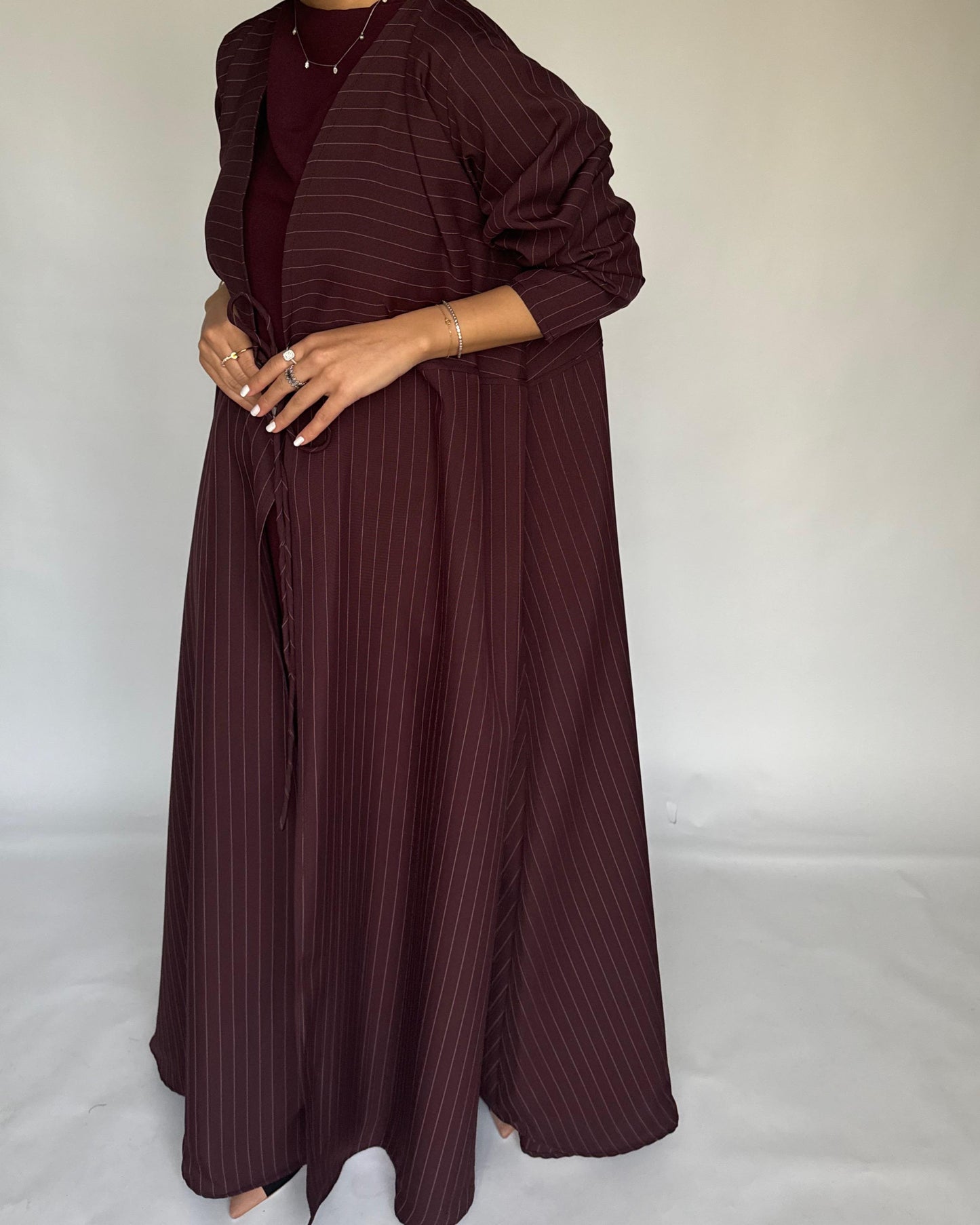 A320 - Striped Burgundy / Maroon Daily Abaya, Dress & Head Scarf