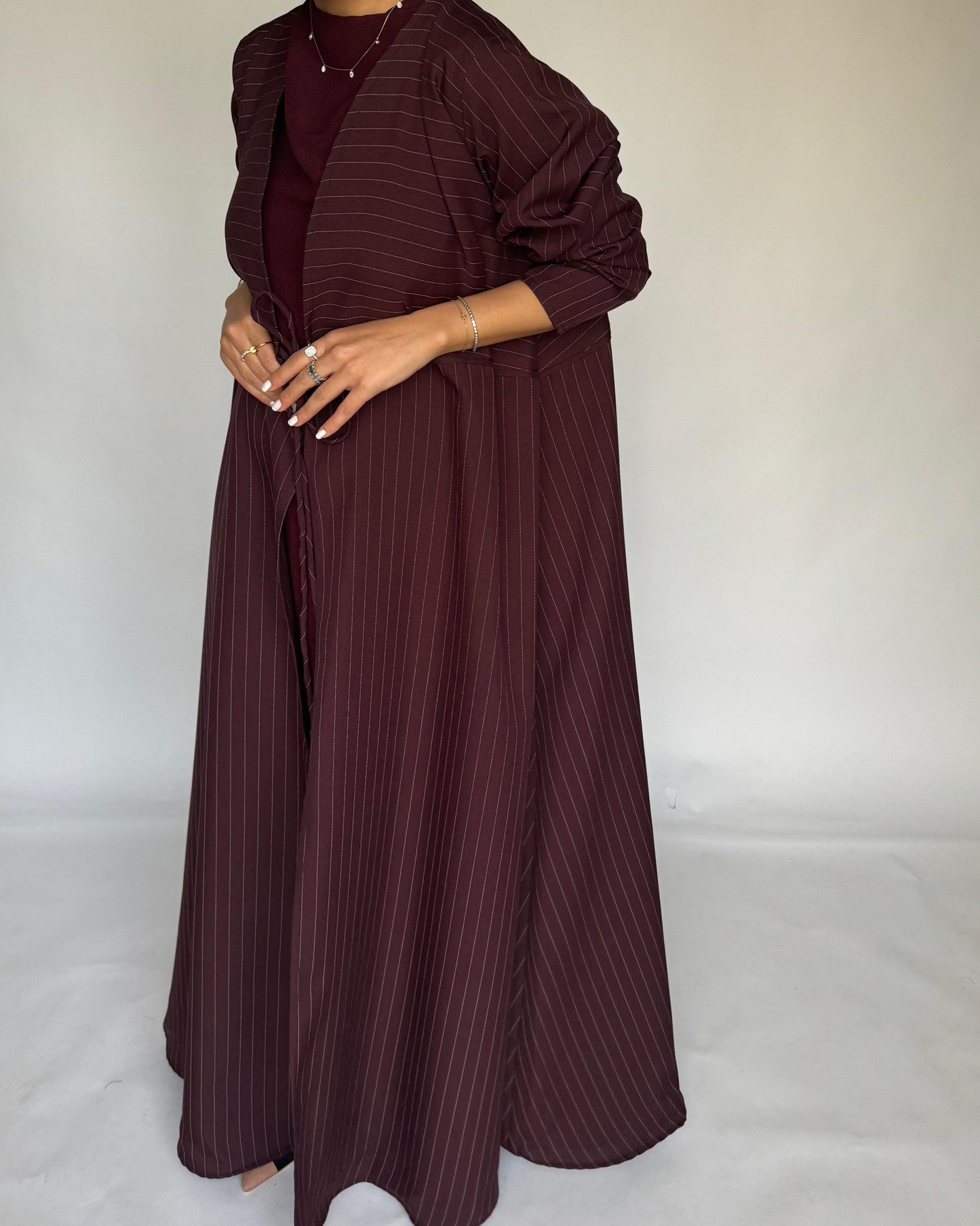 A320 - Striped Burgundy / Maroon Daily Abaya, Dress & Head Scarf