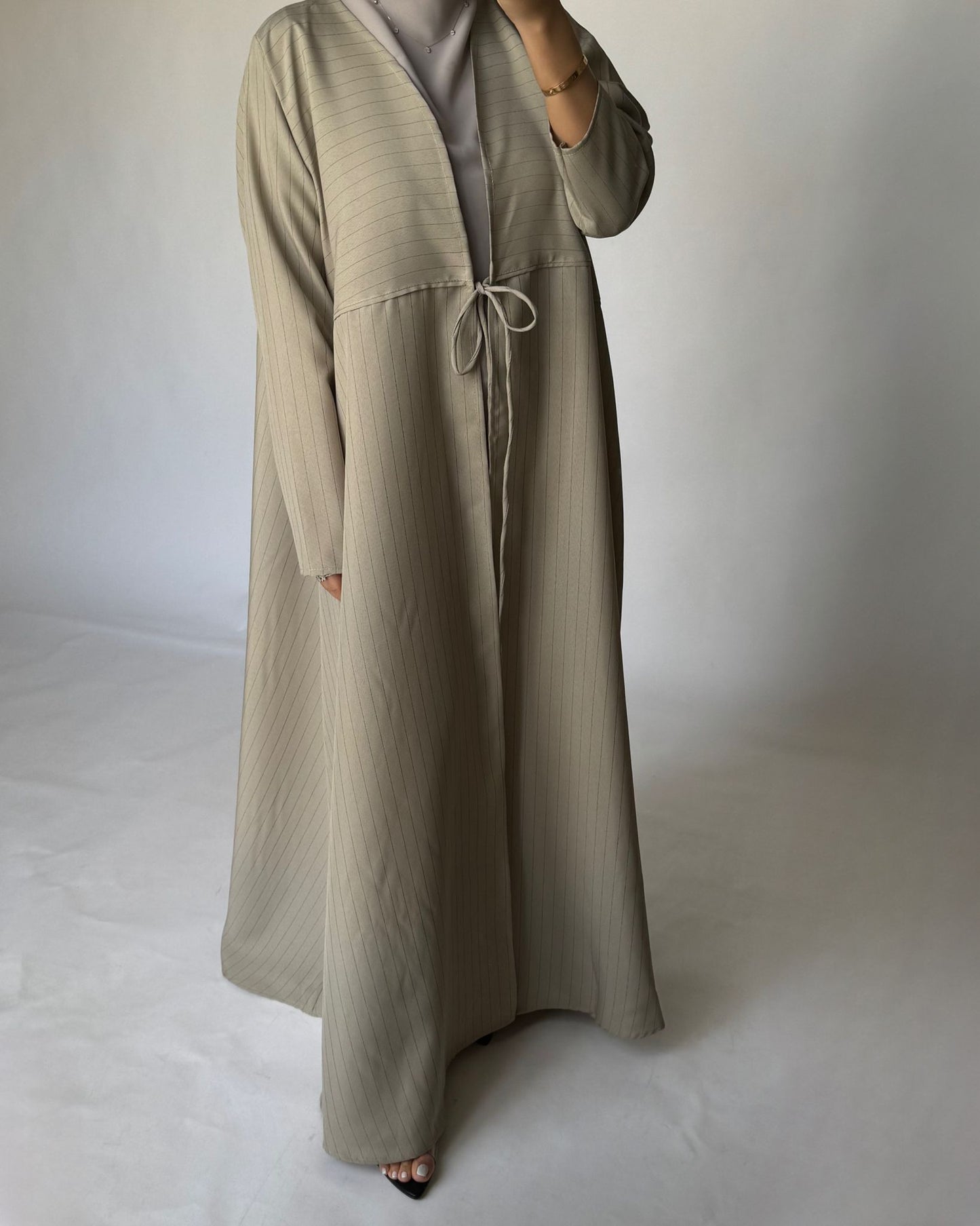 A317 - Striped Beige Daily Abaya, Dress & Head Scarf