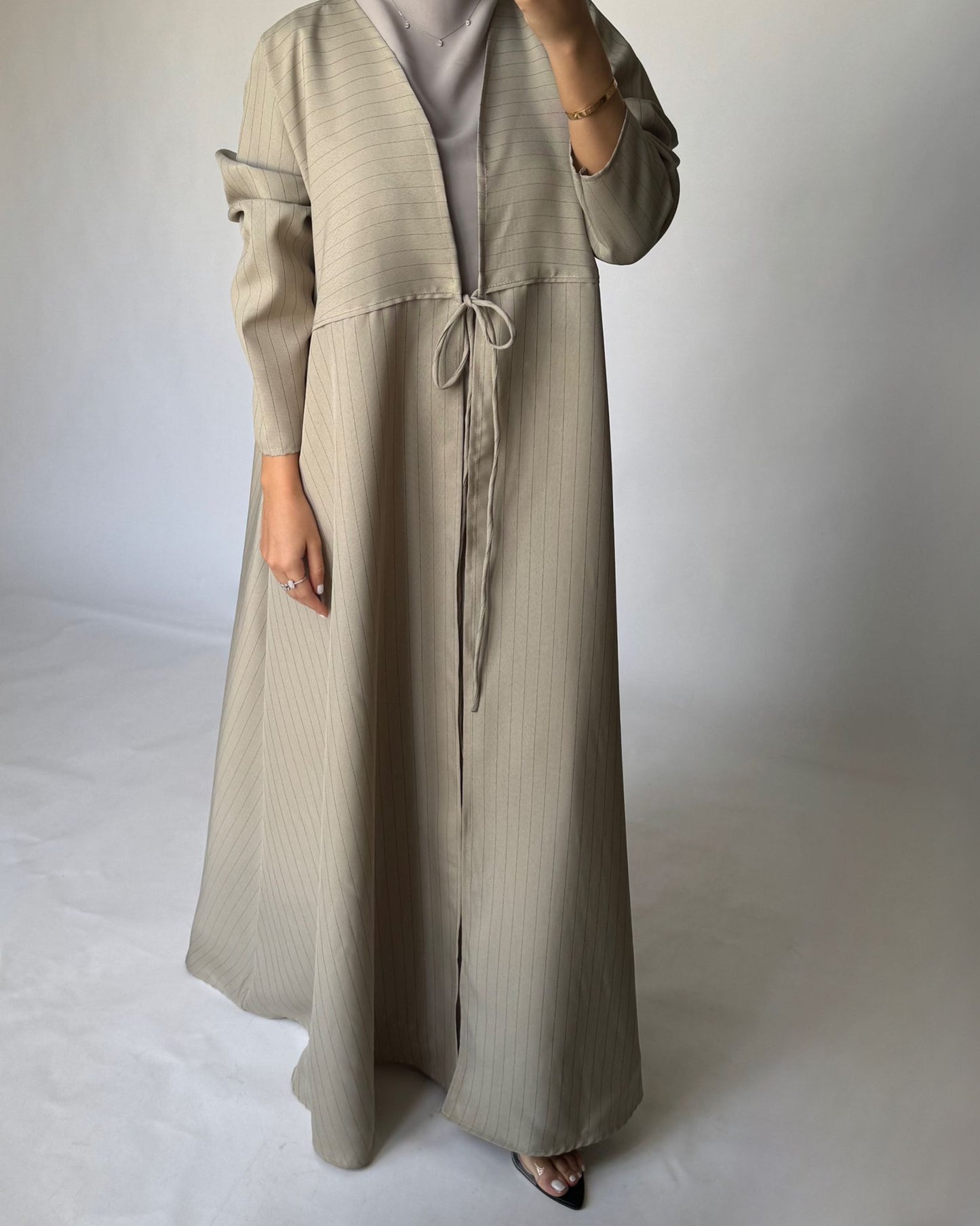 A317 - Striped Beige Daily Abaya, Dress & Head Scarf