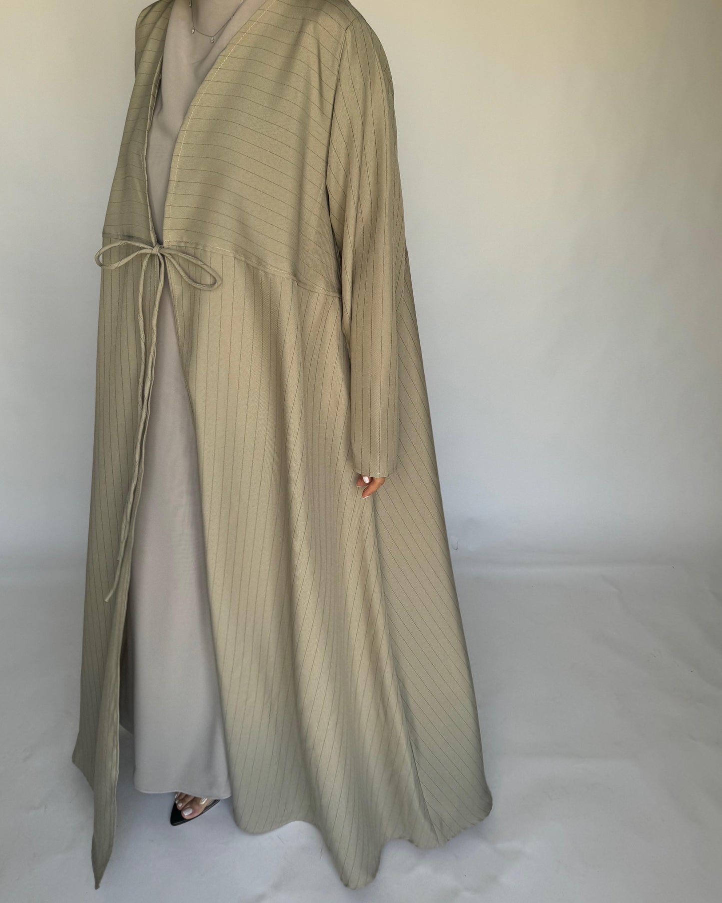 A317 - Striped Beige Daily Abaya, Dress & Head Scarf