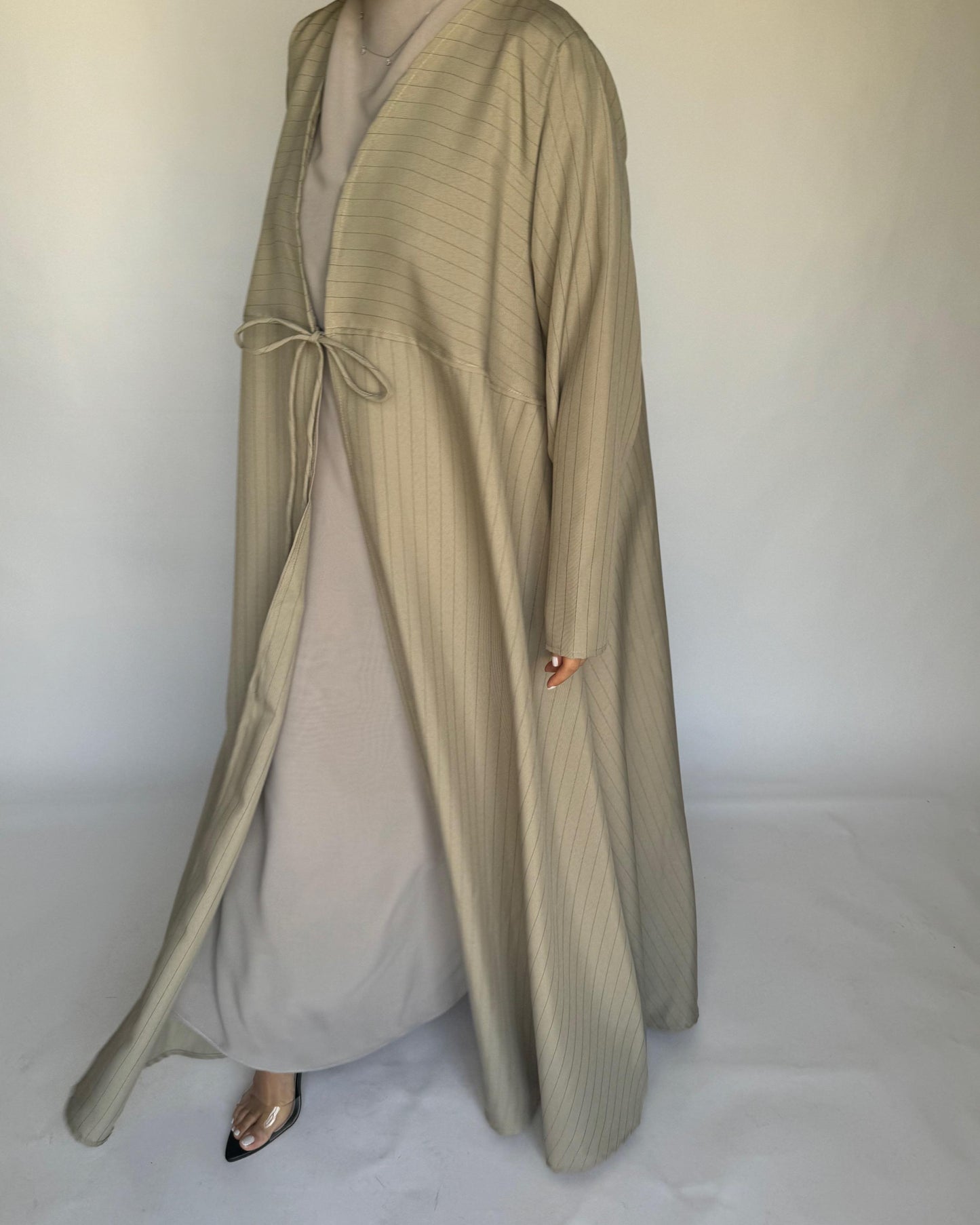 A317 - Striped Beige Daily Abaya, Dress & Head Scarf