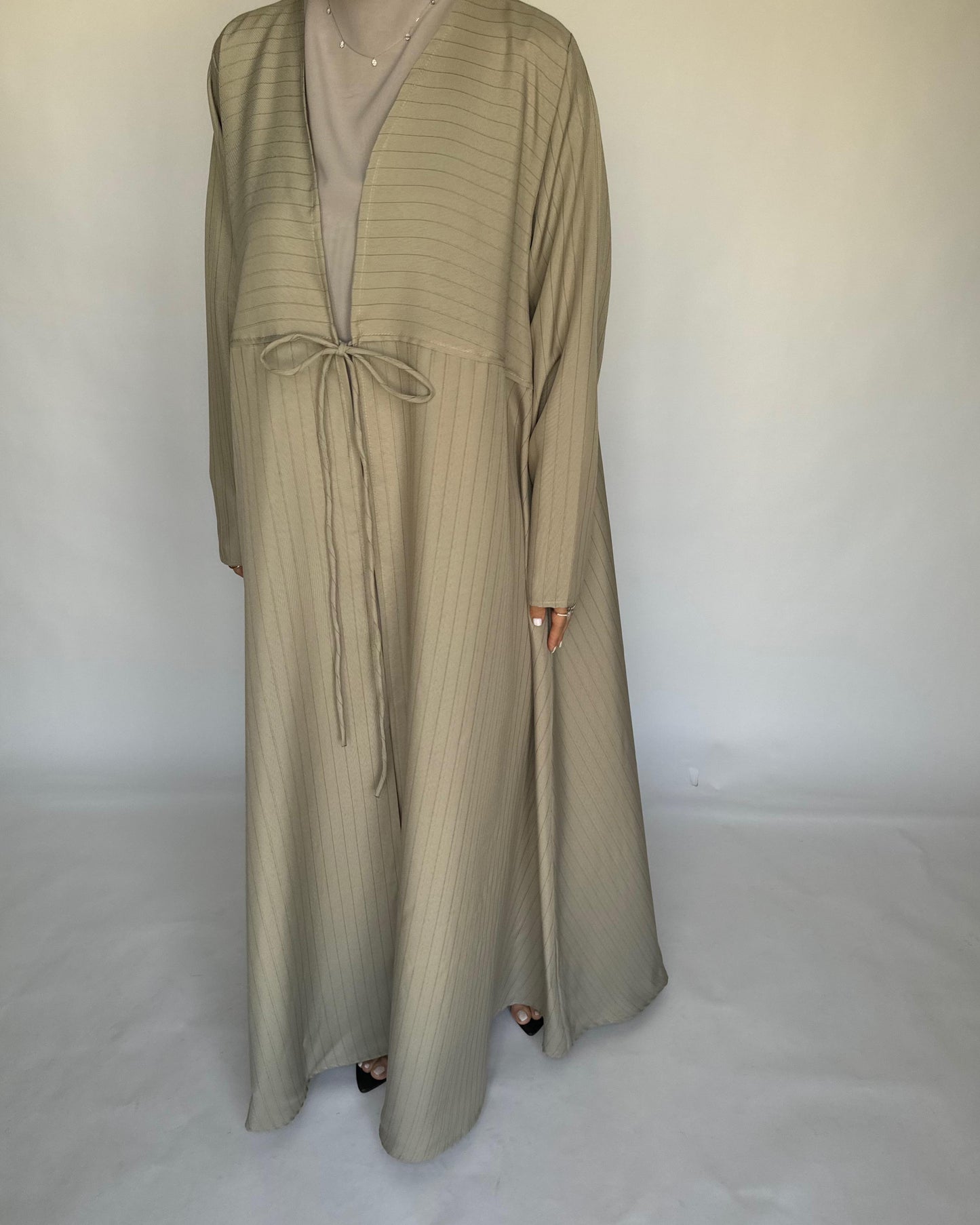 A317 - Striped Beige Daily Abaya, Dress & Head Scarf