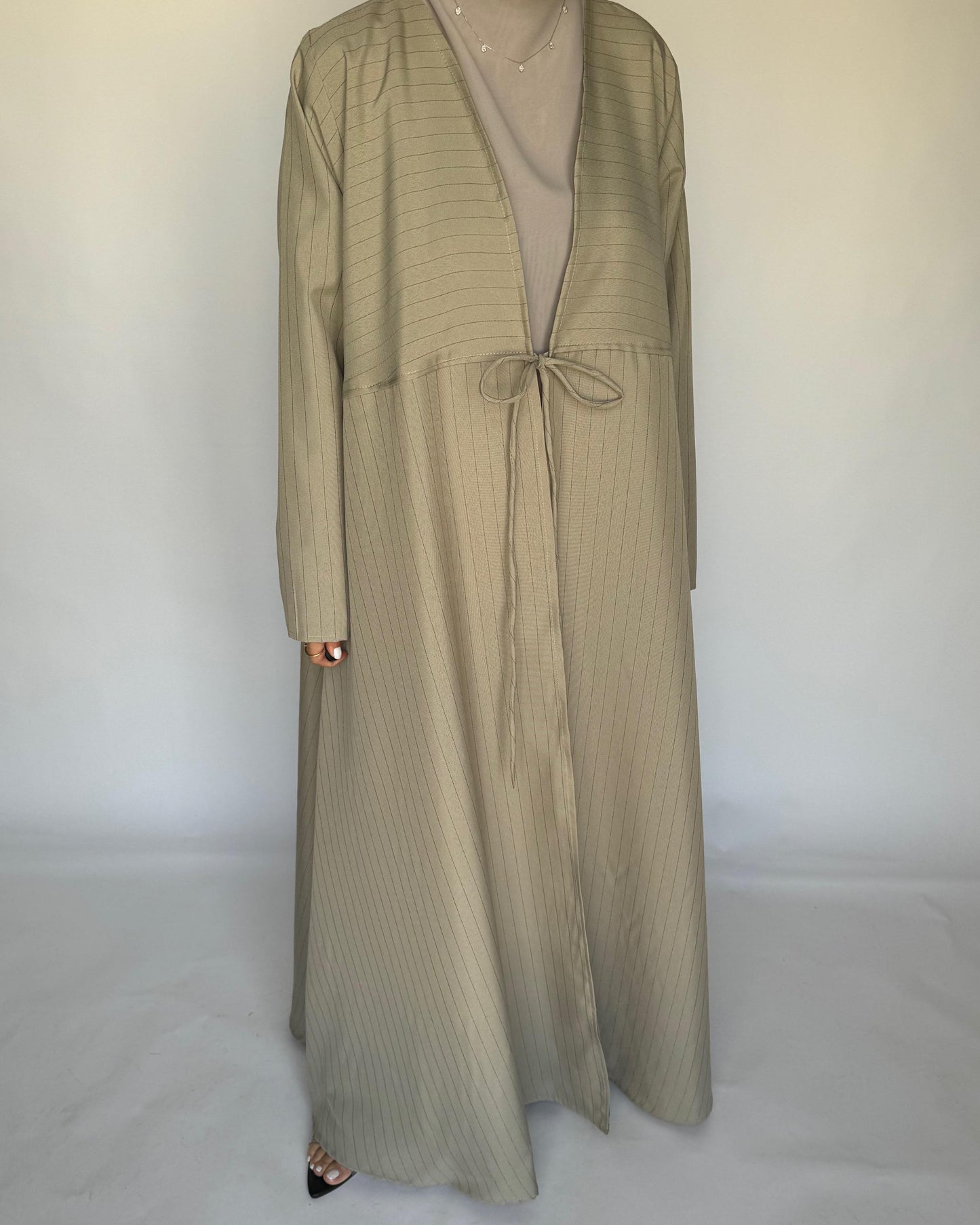 A317 - Striped Beige Daily Abaya, Dress & Head Scarf