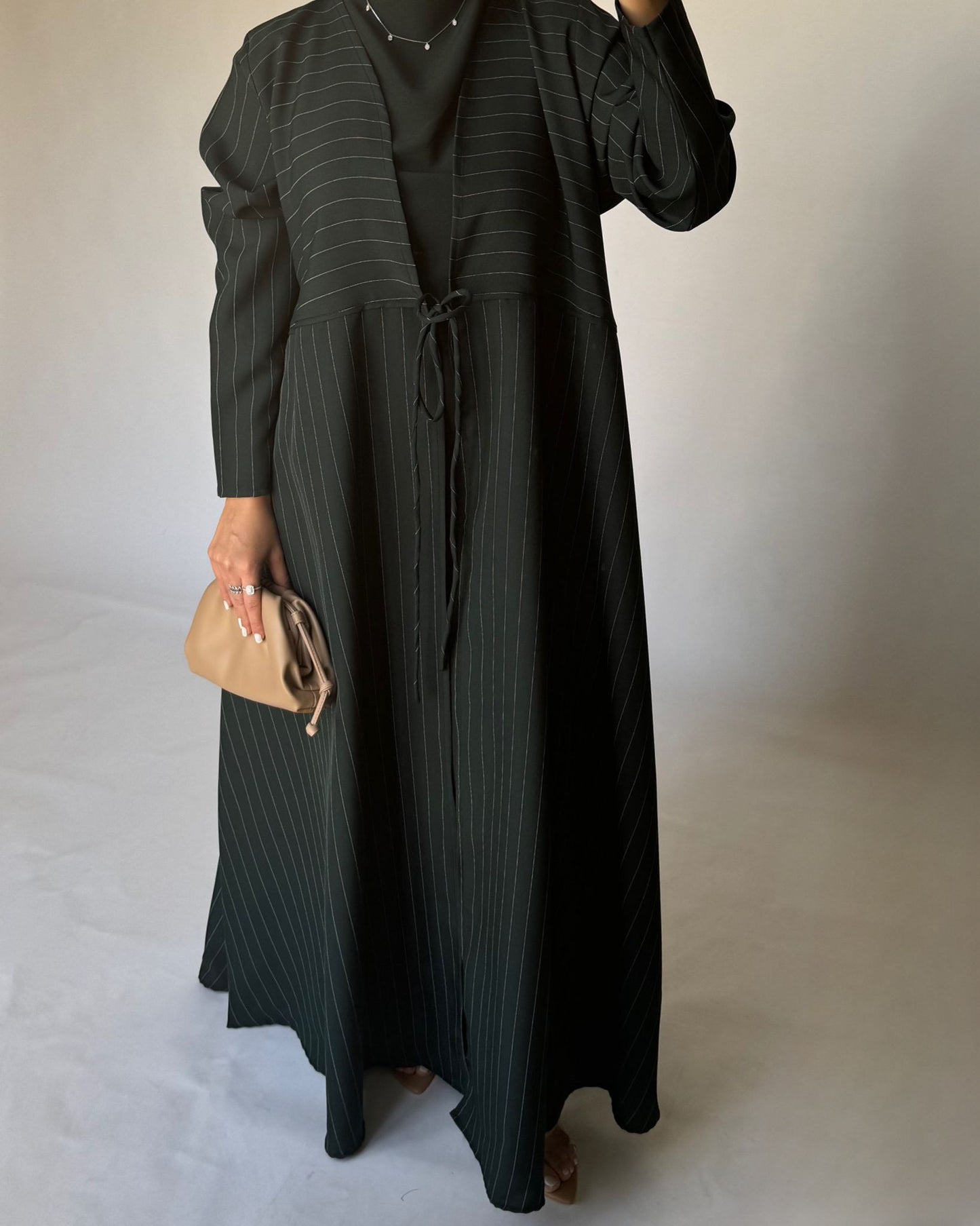 A319 - Striped Forest Green Daily Abaya, Dress & Head Scarf